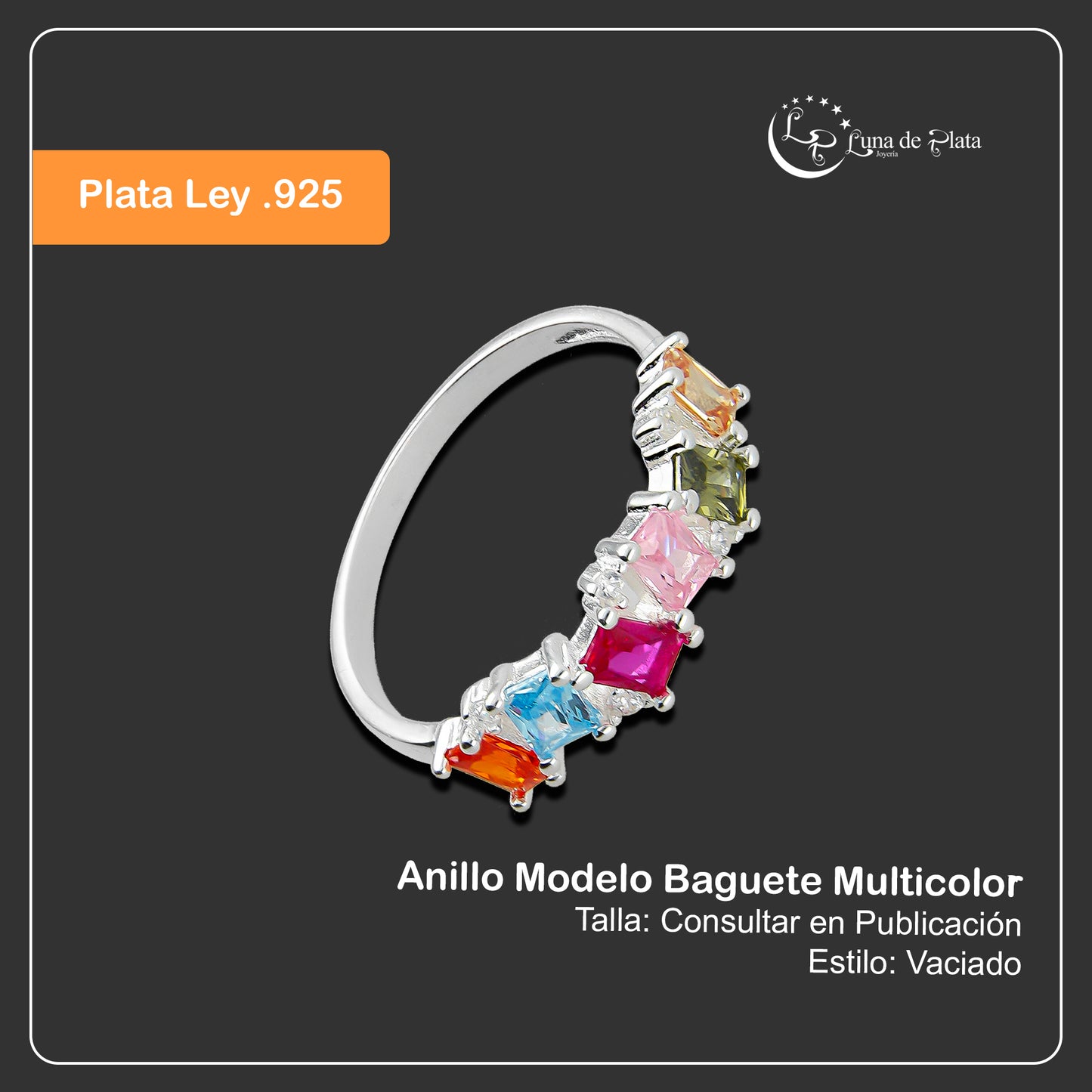 LPAD085 Anillo Modelo Baguete Multicolor Plata .925 Taxco Gro 2115543967