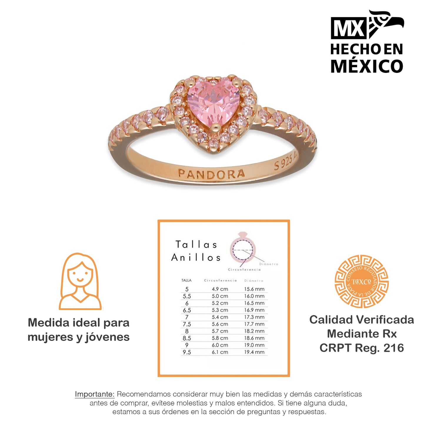 LPAD096 Anillo Pand Rosa Solitario Corazón Pavé Plata .925 Taxco Gro