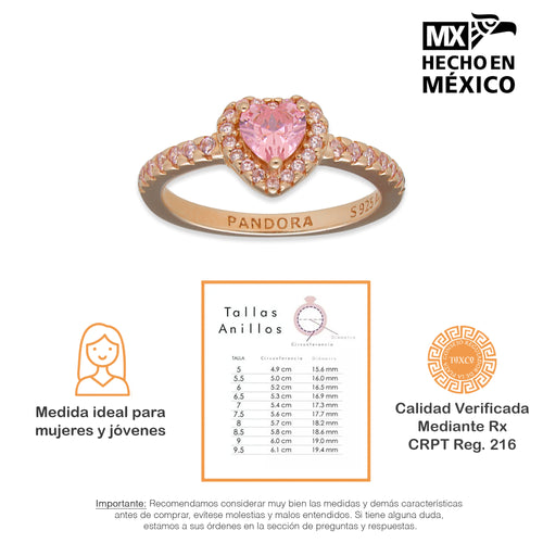 LPAD096 Anillo Pand Rosa Solitario Corazón Pavé Plata .925 Taxco Gro