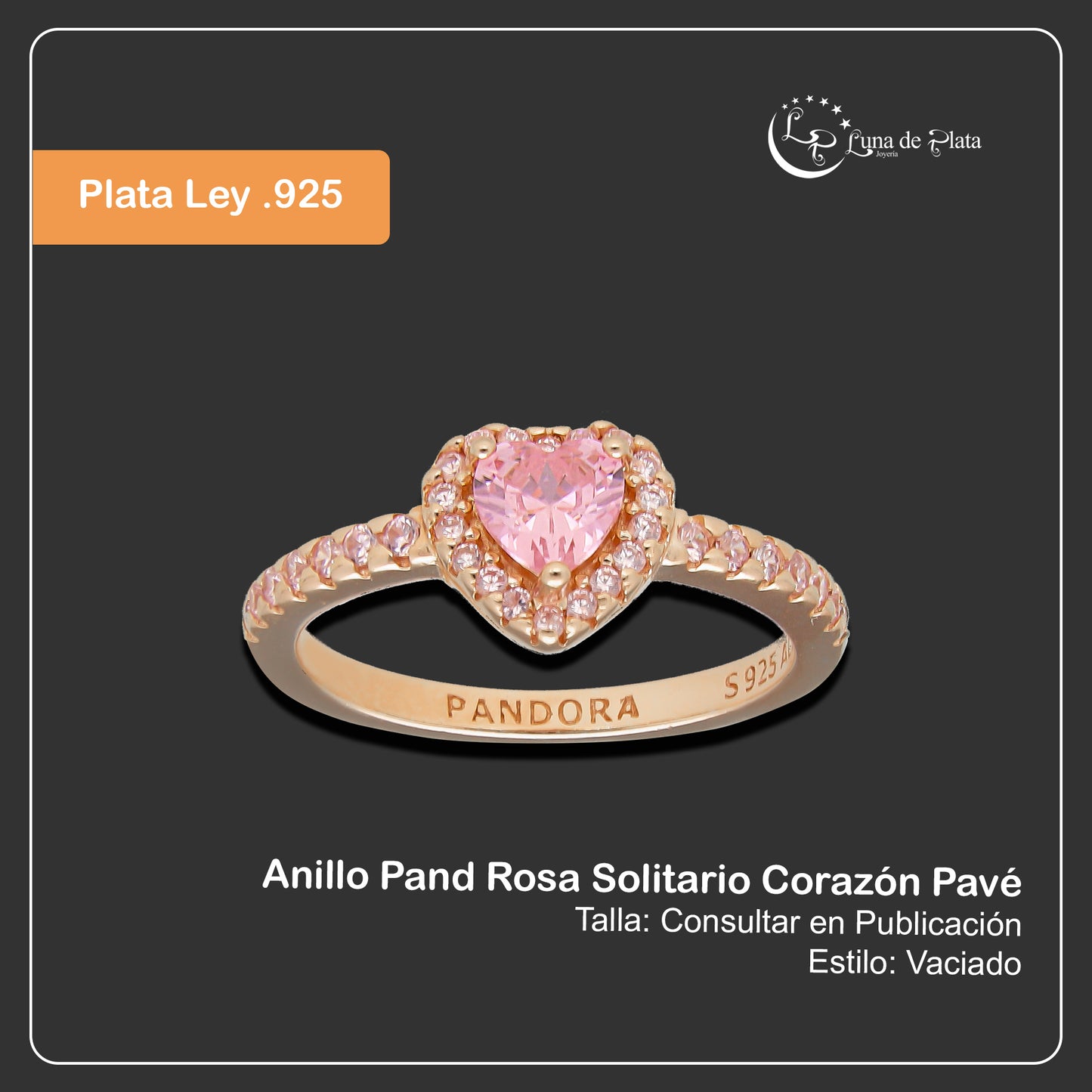 LPAD096 Anillo Pand Rosa Solitario Corazón Pavé Plata .925 Taxco Gro