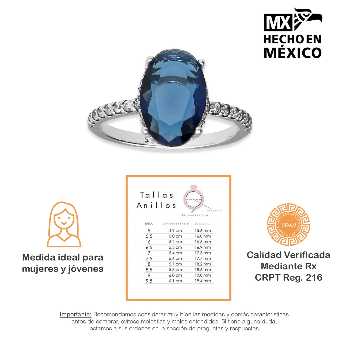 LPAD098 Anillo Pand Solitario Zafiro Oval Azul Marino Plata .925 Taxco Gro