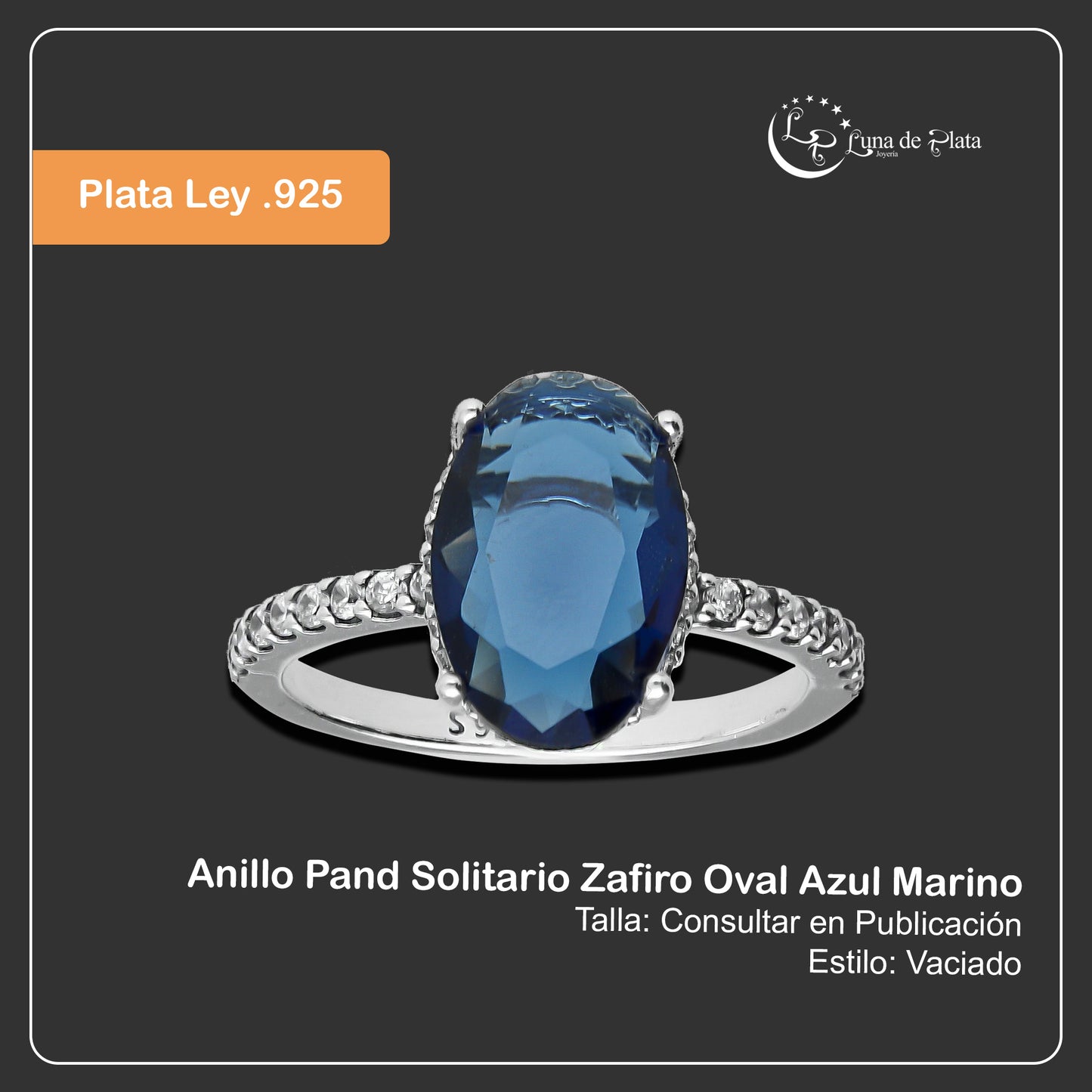 LPAD098 Anillo Pand Solitario Zafiro Oval Azul Marino Plata .925 Taxco Gro