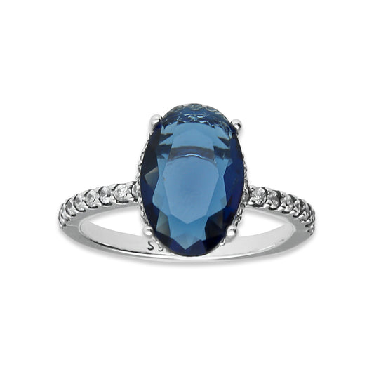 LPAD098 Anillo Pand Solitario Zafiro Oval Azul Marino Plata .925 Taxco Gro