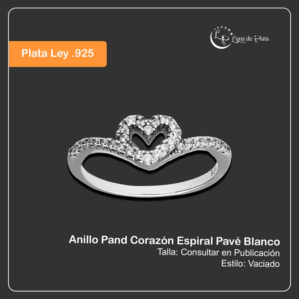 LPAD104 Anillo Pand Corazón Espiral Pavé Blanco Plata .925 Taxco Gro