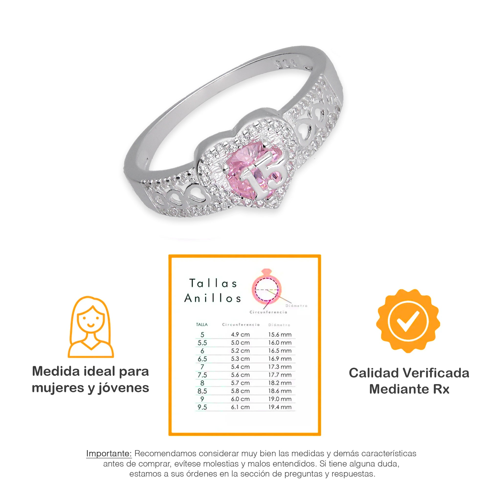 LPAD112 Anillo para Dama Mod Solitario Corazón XV Años con Zirconia en Plata .925 Taxco Gro