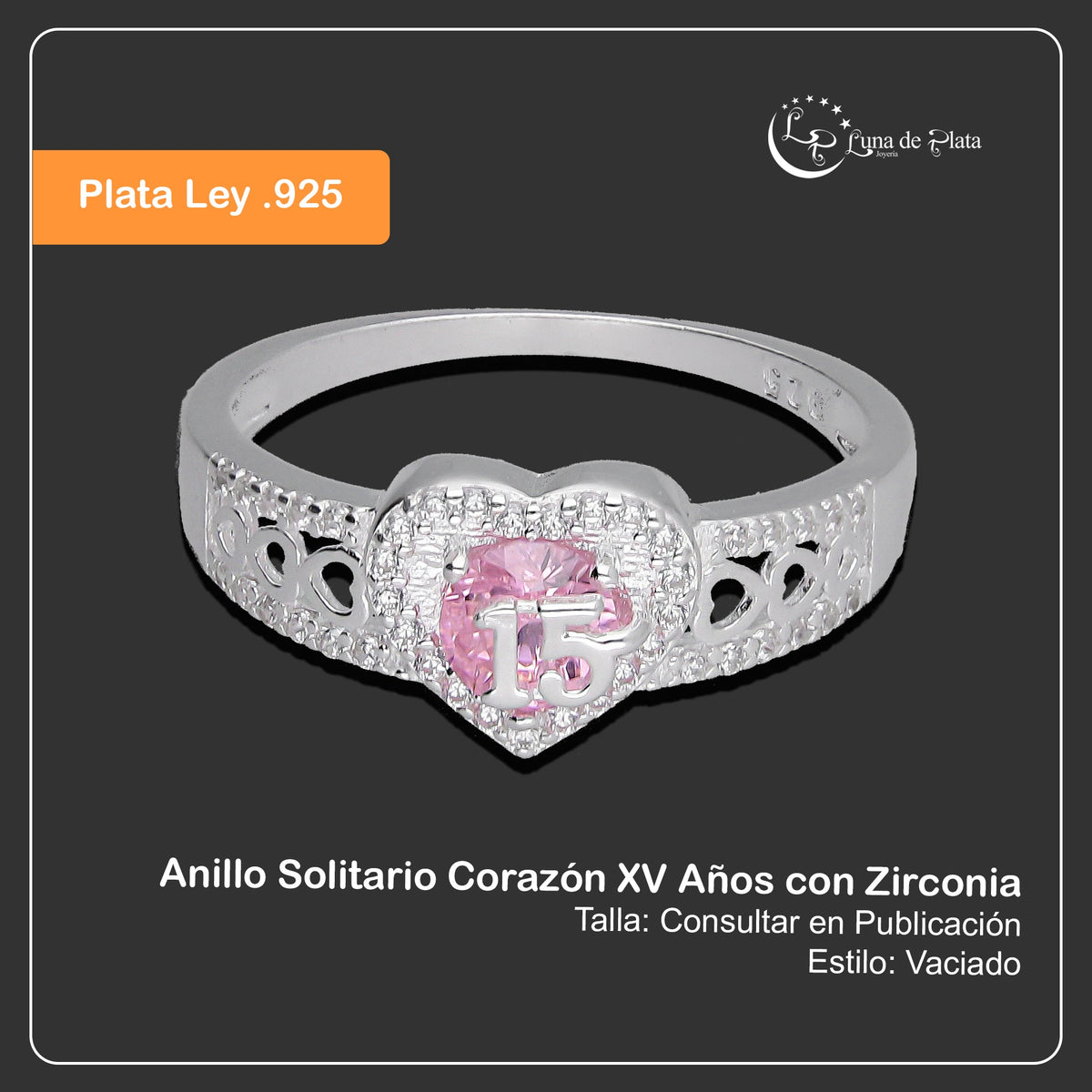 LPAD112 Anillo para Dama Mod Solitario Corazón XV Años con Zirconia en Plata .925 Taxco Gro