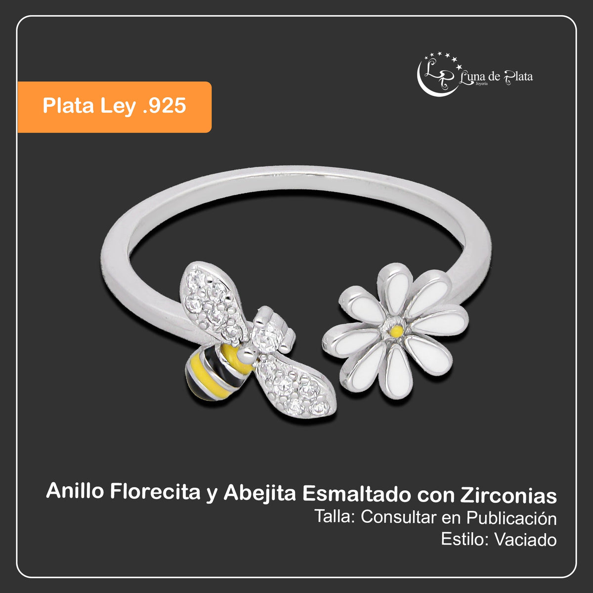 LPAD115 Anillo para Dama Mod Florecita y Abejita Esmaltado con Zirconias en Plata .925 Taxco Gro