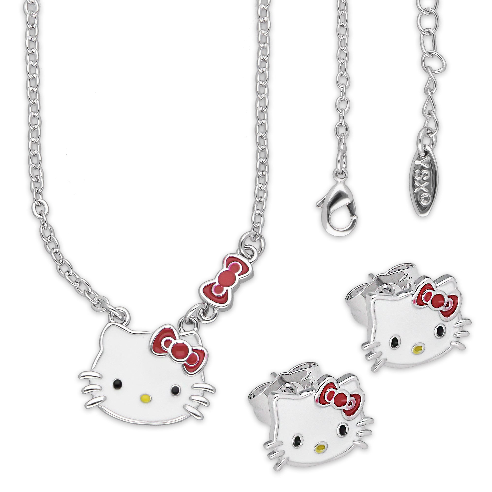 LPADAC001 Set Aretes y Gargantilla con Dije en Acero Inox Kitty Moño Rojo