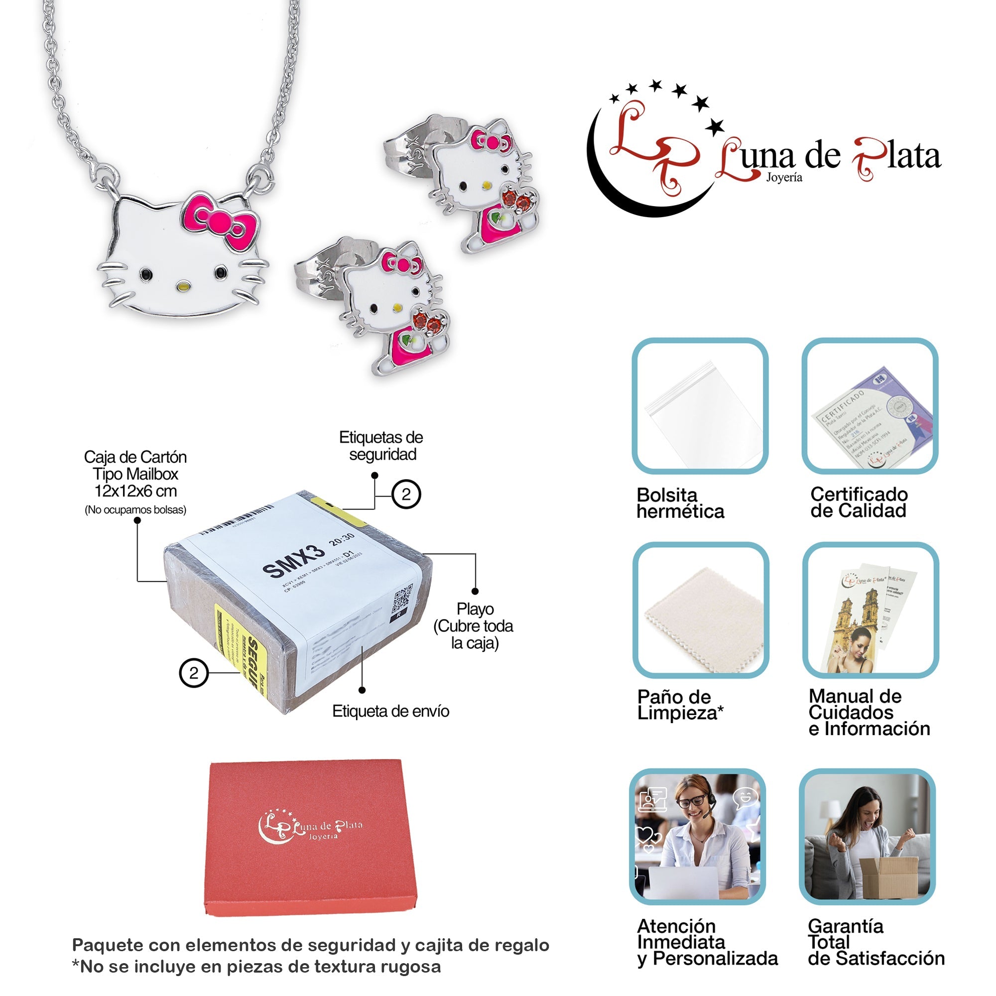 LPADAC002 Set Aretes y Gargantilla con Dije en Acero Inox Kitty Moño Rosa