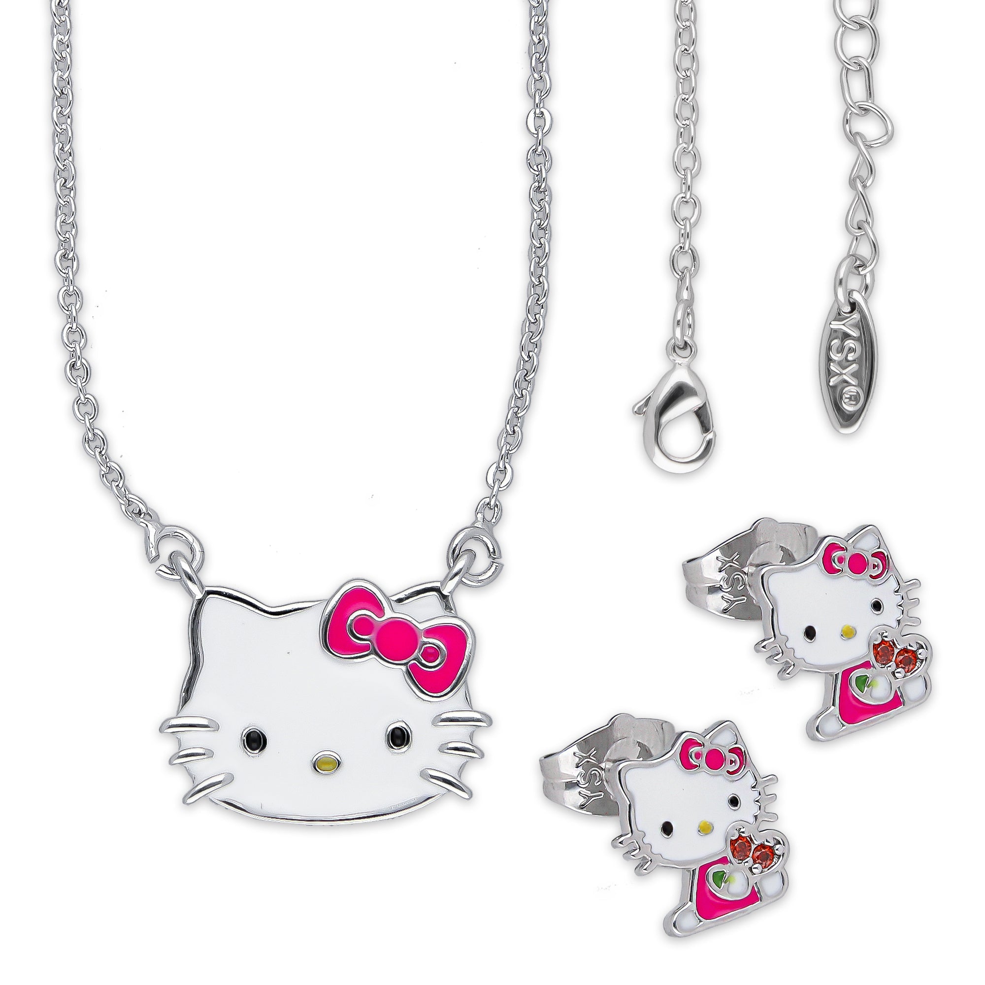 LPADAC002 Set Aretes y Gargantilla con Dije en Acero Inox Kitty Moño Rosa