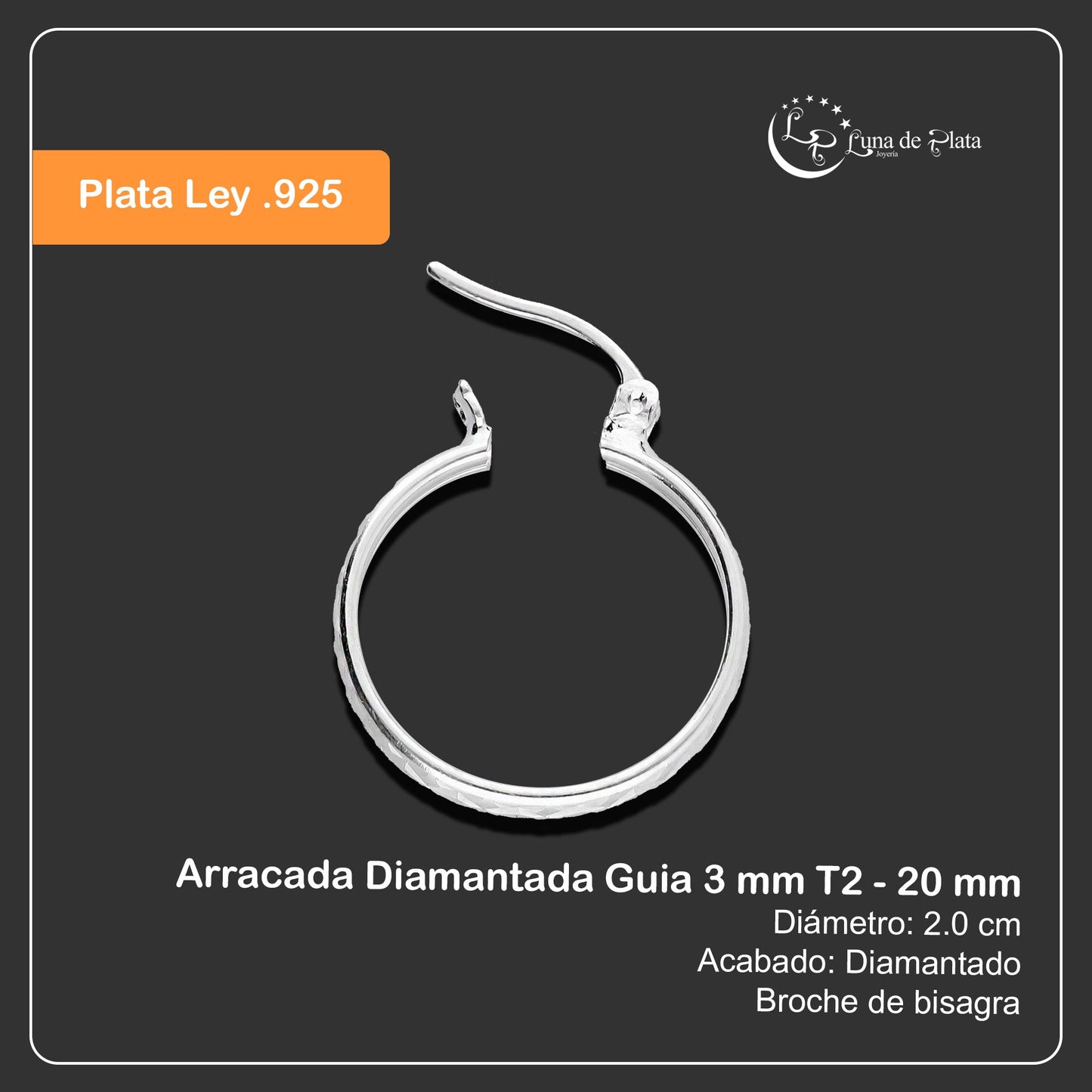 LPADI030 Arracada Diamantada Guia 3 mm T2 - 20 mm Plata .925 2027476797