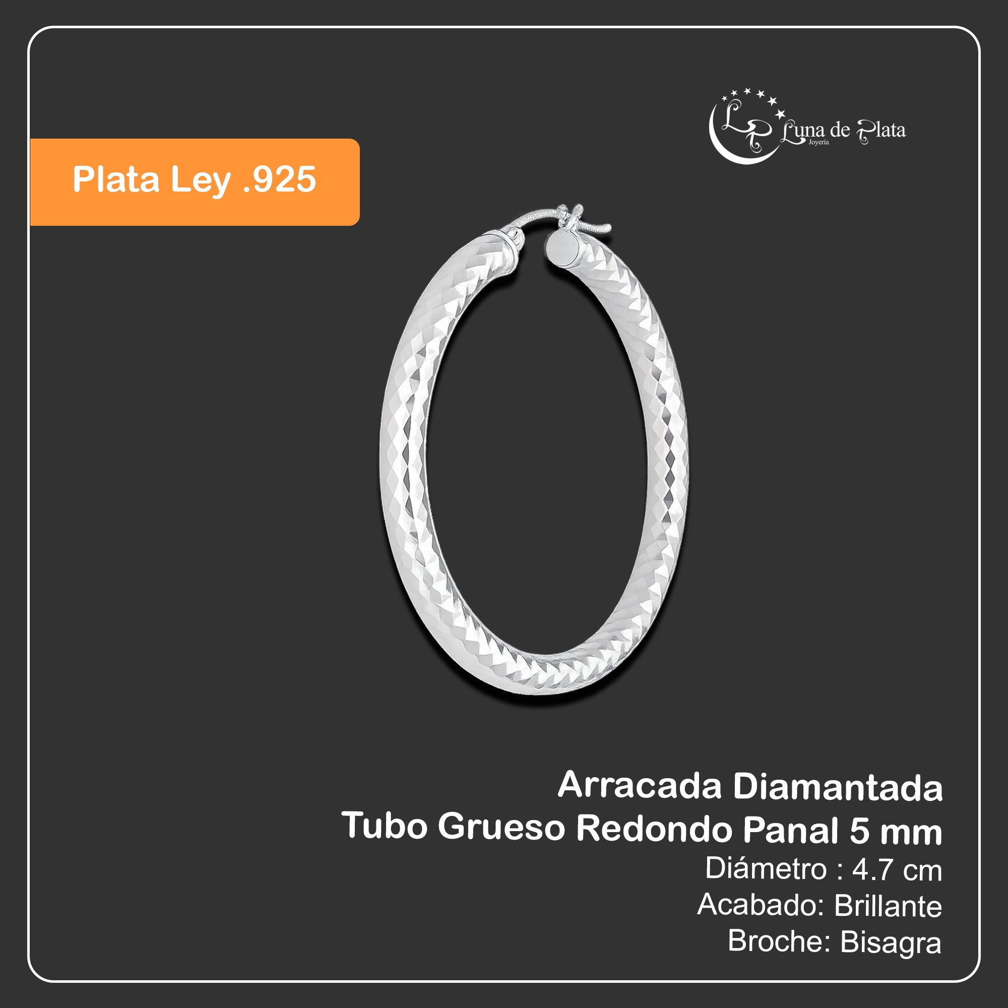 LPADI035 Arracada Diamantada Tubo Grueso Redondo Panal 5 mm 4.7 cm de Diámetro en Plata .925 2948047525