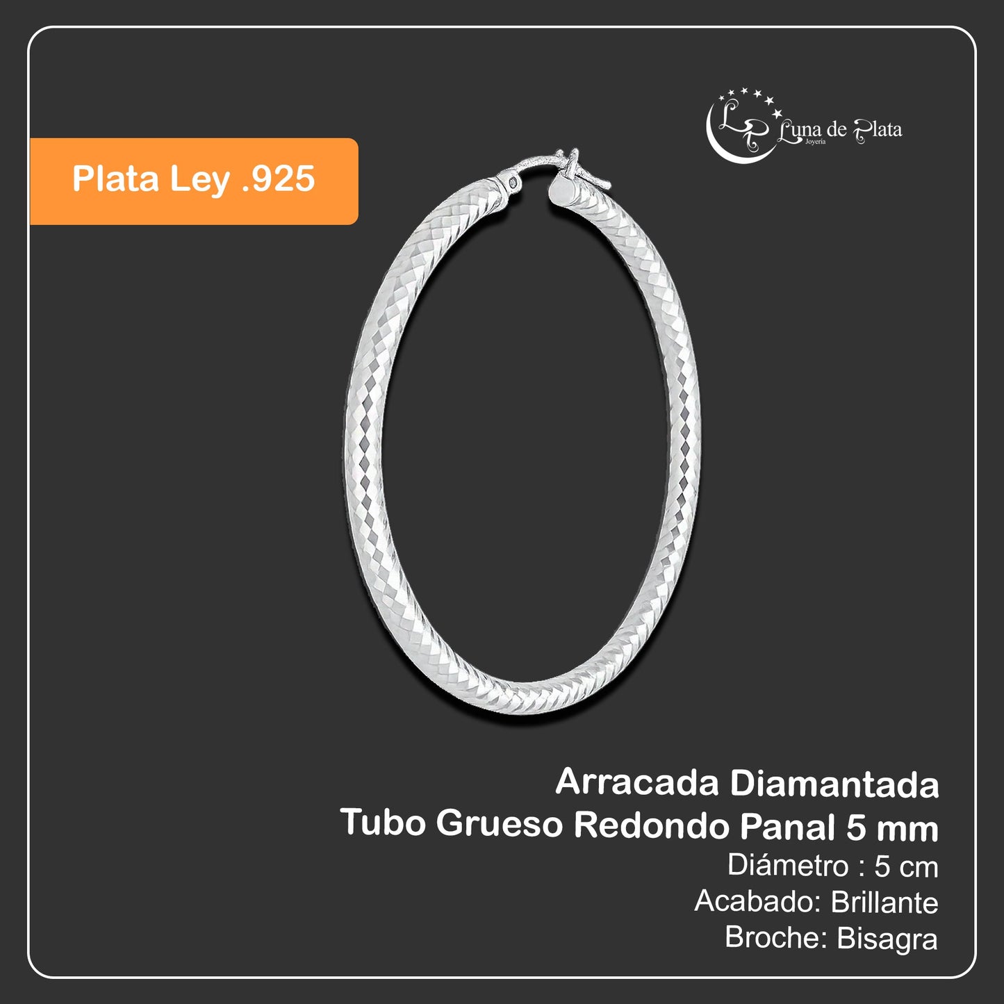 LPADI036 Arracada Diamantada Tubo Grueso Redondo Panal 3 mm 5 cm de Diámetro en Plata .925 2948059563