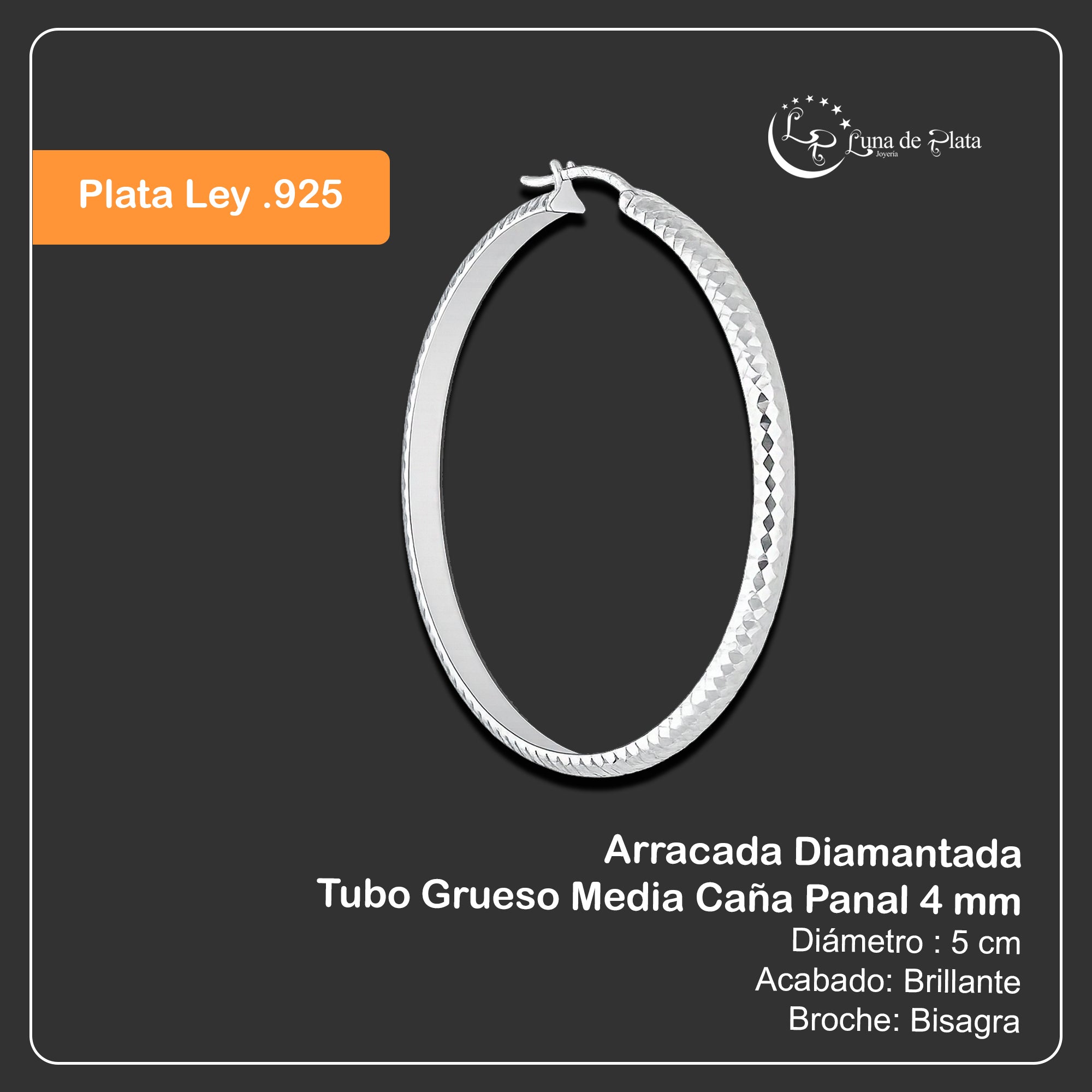 LPADI037 Arracada Diamantada Tubo Grueso Media Caña Panal 4 mm 5 cm de Diámetro en Plata .925 2948059561