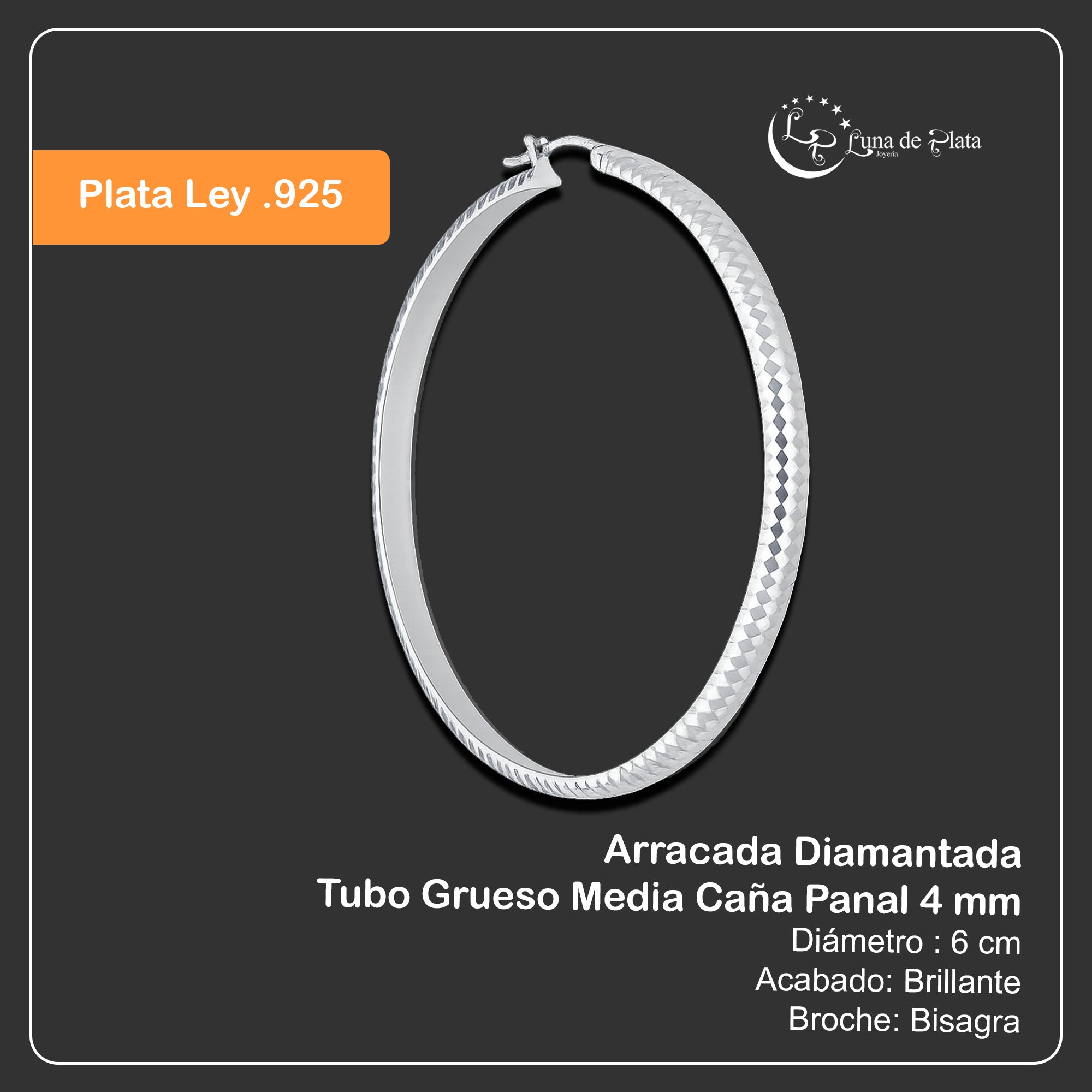 LPADI038 Arracada Diamantada Tubo Grueso Media Caña Panal 4 mm 6 cm de Diámetro en Plata .925 2948095669