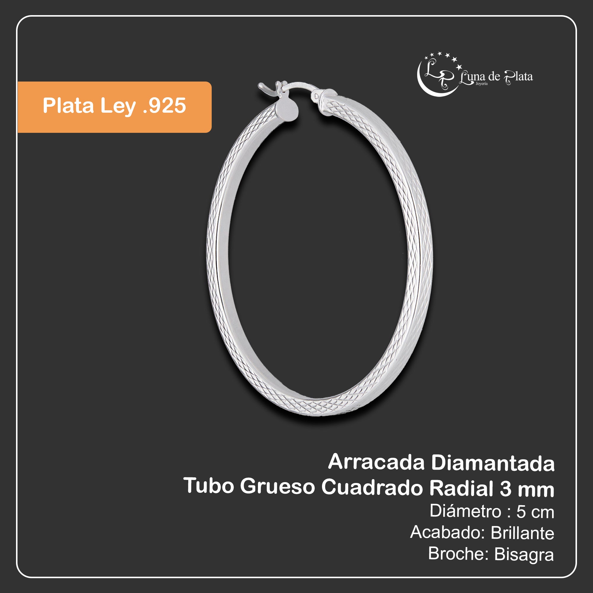 LPADI039 Arracada Diamantada Tubo Grueso Cuadrado Radial 3 mm 5 cm de Diámetro en Plata .925 5385002204