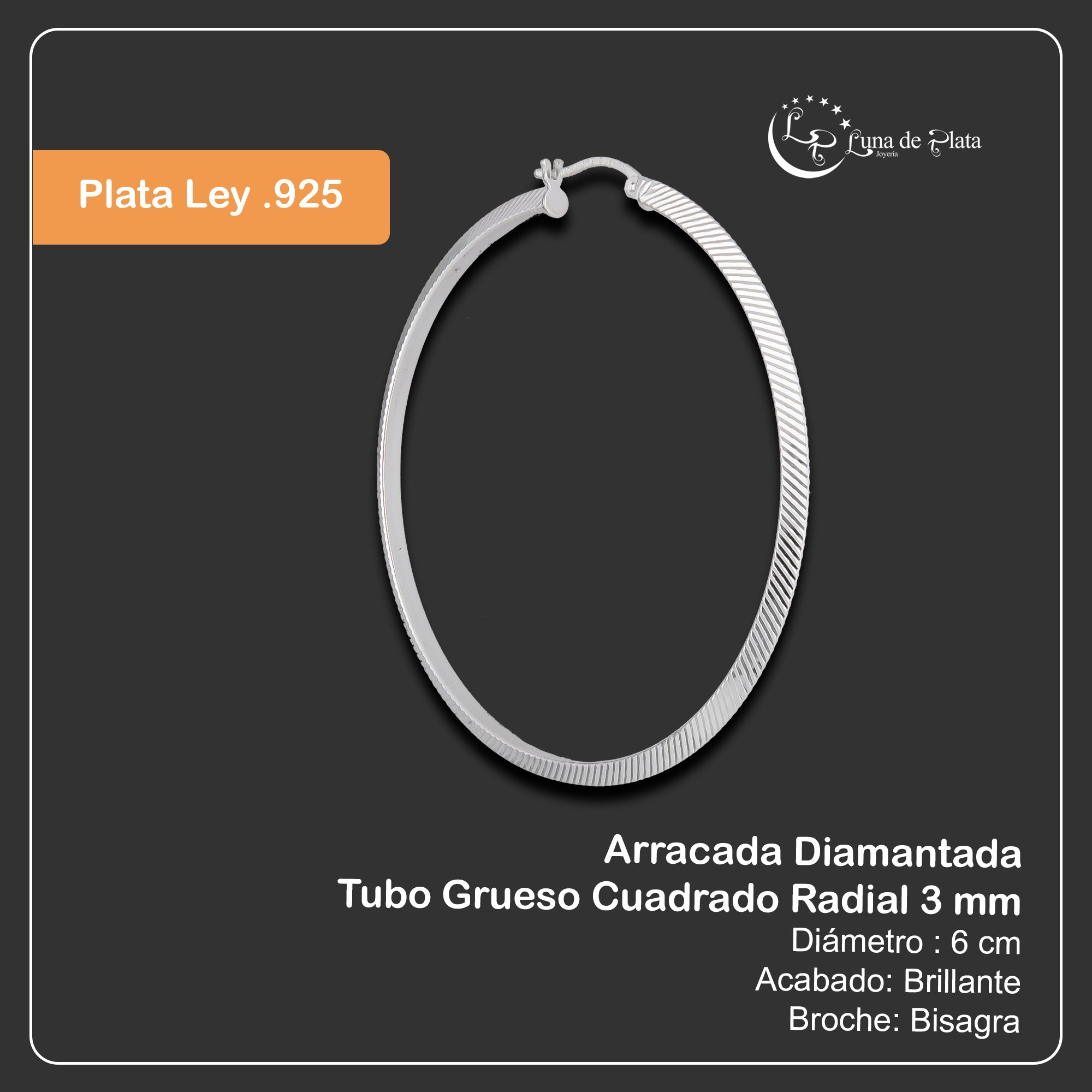 LPADI040 Arracada Diamantada Tubo Grueso Triangular Radial 3 mm 6 cm de Diámetro en Plata .925 5385002202