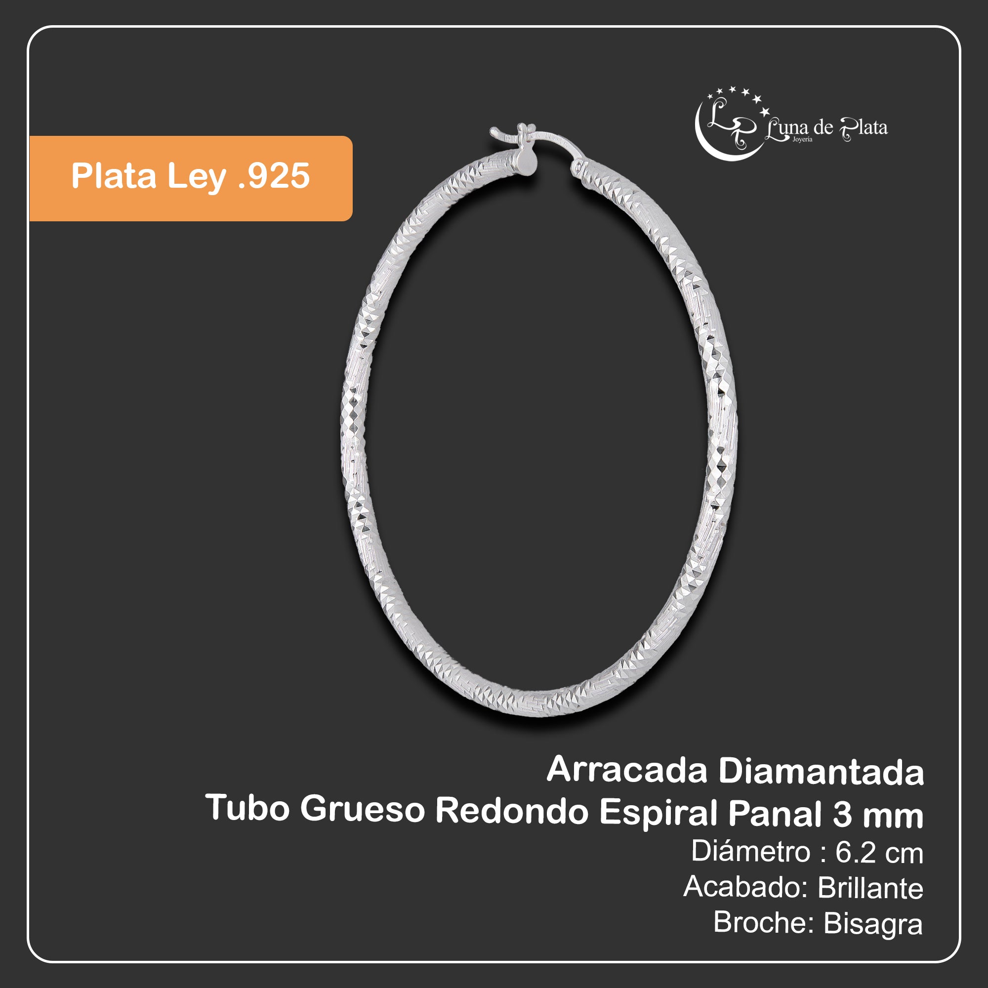 LPADI041 Arracada Diamantada Tubo Grueso Redondo Espiral Panal 3 mm 6.2 cm de Diámetro en Plata .925 2948047527