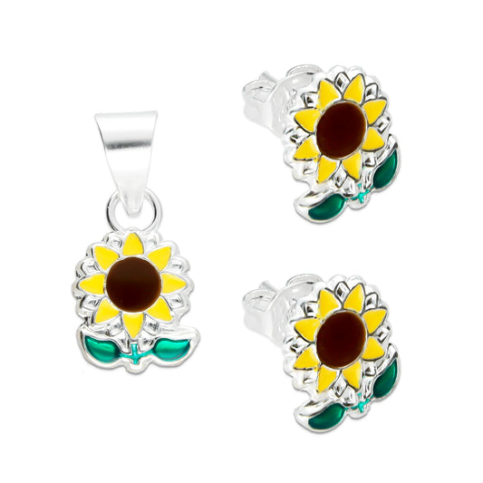 LPADJ001 Set De Aretes Y Dije Mod Girasoles Esmalte Plata .925 Taxco MLM894234648