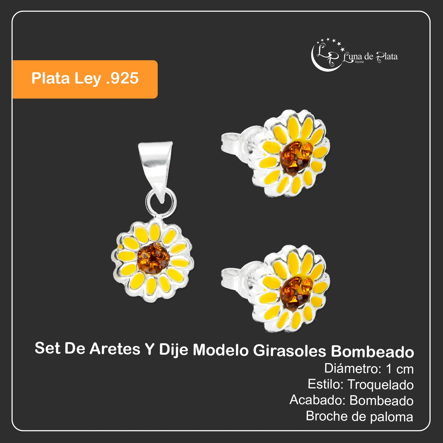 LPADJ003 Set De Aretes Y Dije Mod Girasoles Bombeado Plata .925 Taxco MLM894232740