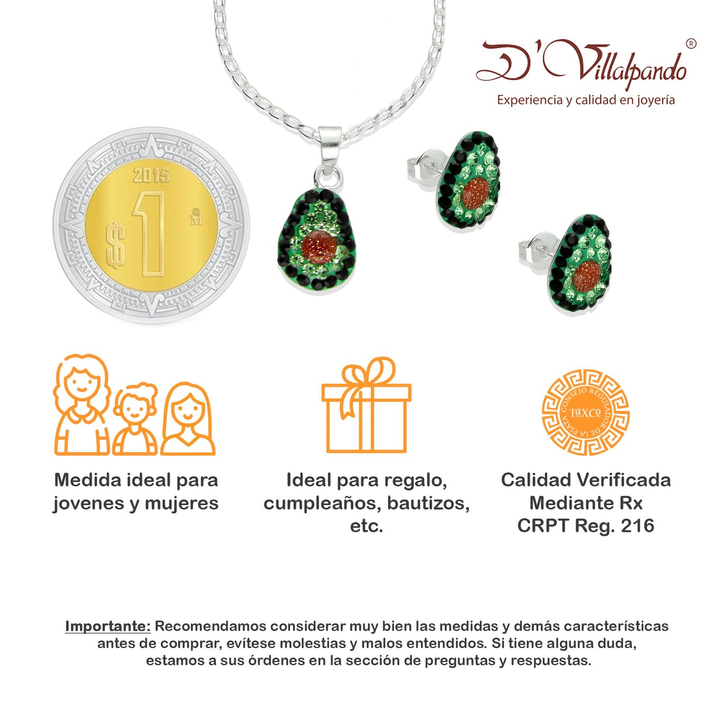 LPADJ021 Set Aretes + Dije + Cadena Aguacatito en Plata Ley .925 2780235292
