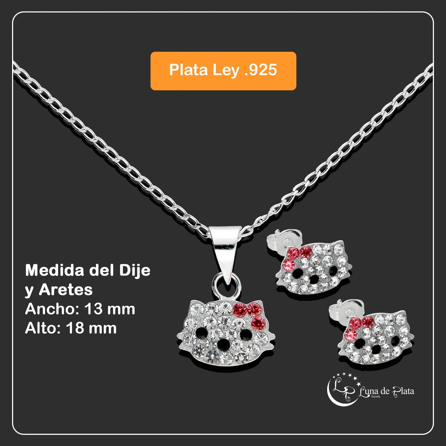 LPADJ024 Set Aretes + Dije + Cadena Kitty Crist Chica en Plata Ley .925 1999642387