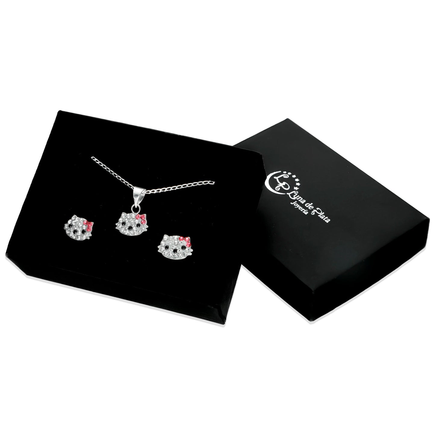 LPADJ024 Set Aretes + Dije + Cadena Kitty Crist Chica en Plata Ley .925 1999642387