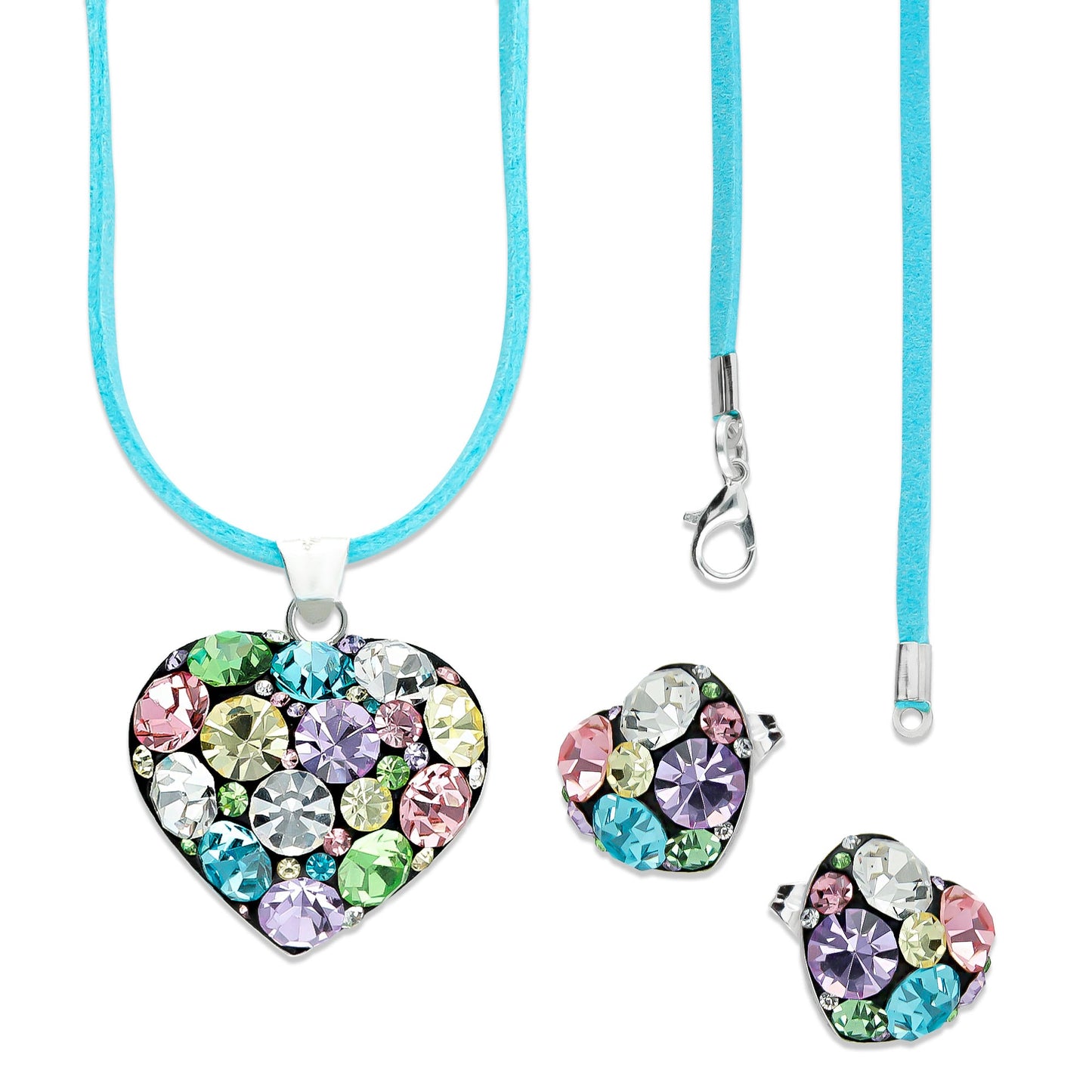 LPADJ026 Set Aretes + Dije + Gamuza Corazón Multi en Plata Ley .925 2020706961