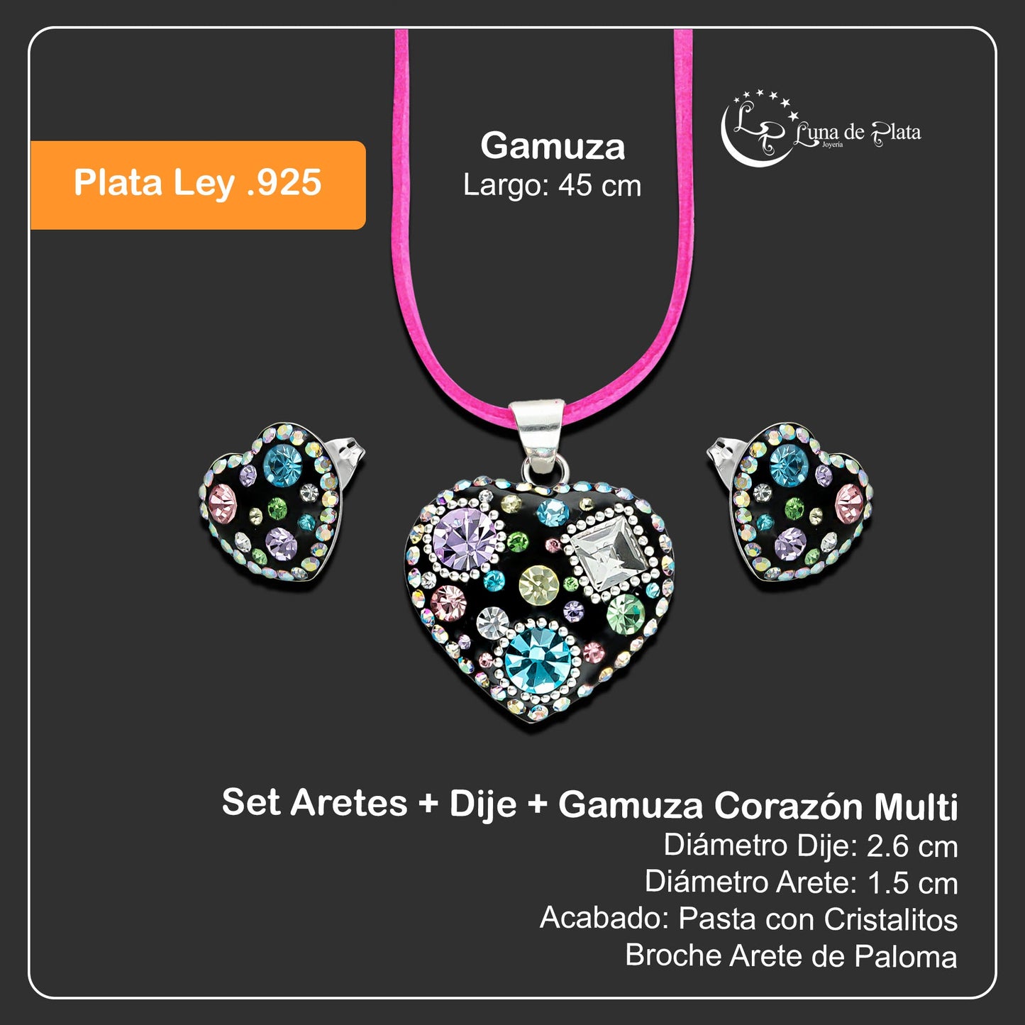 LPADJ027 Set Aretes + Dije + Gamuza Corazón Multi Mar en Plata Ley .925 2020732565