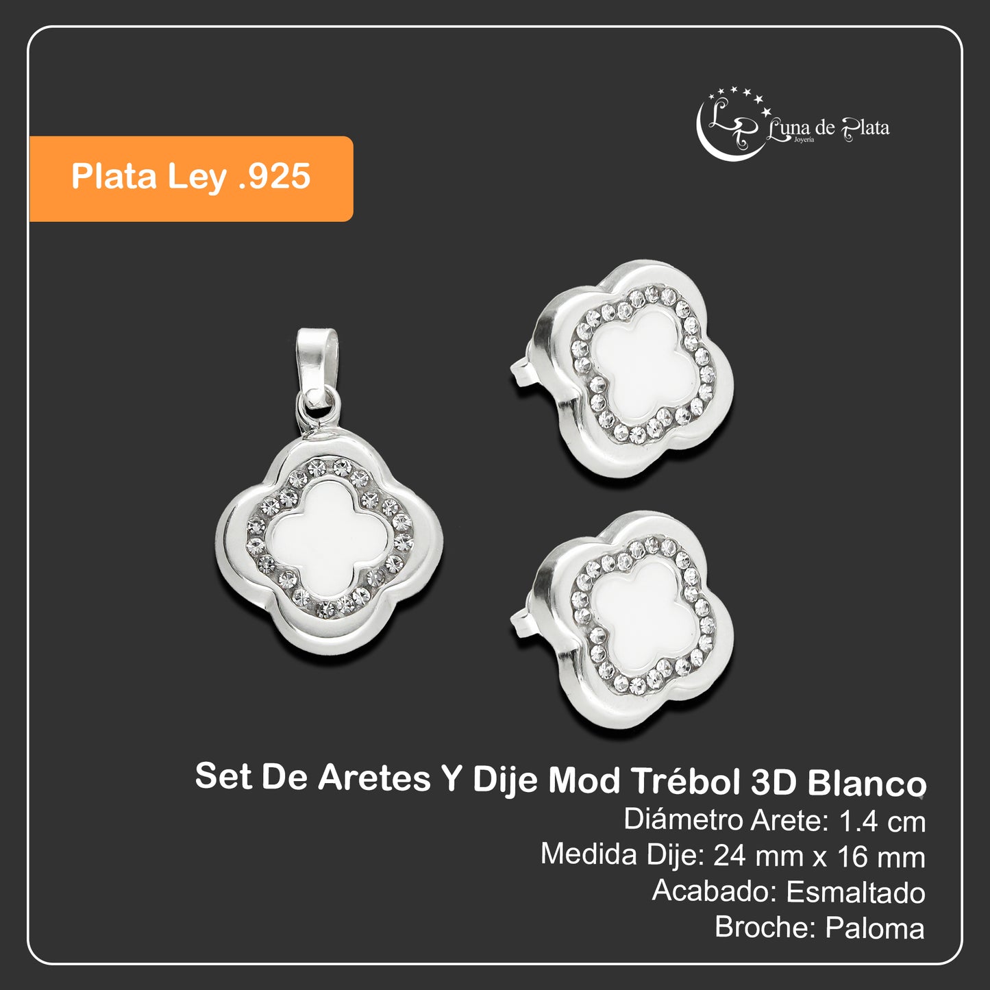 LPADJ029 Set De Aretes Y Dije Mod Trébol 3D Blanco Plata .925 Taxco