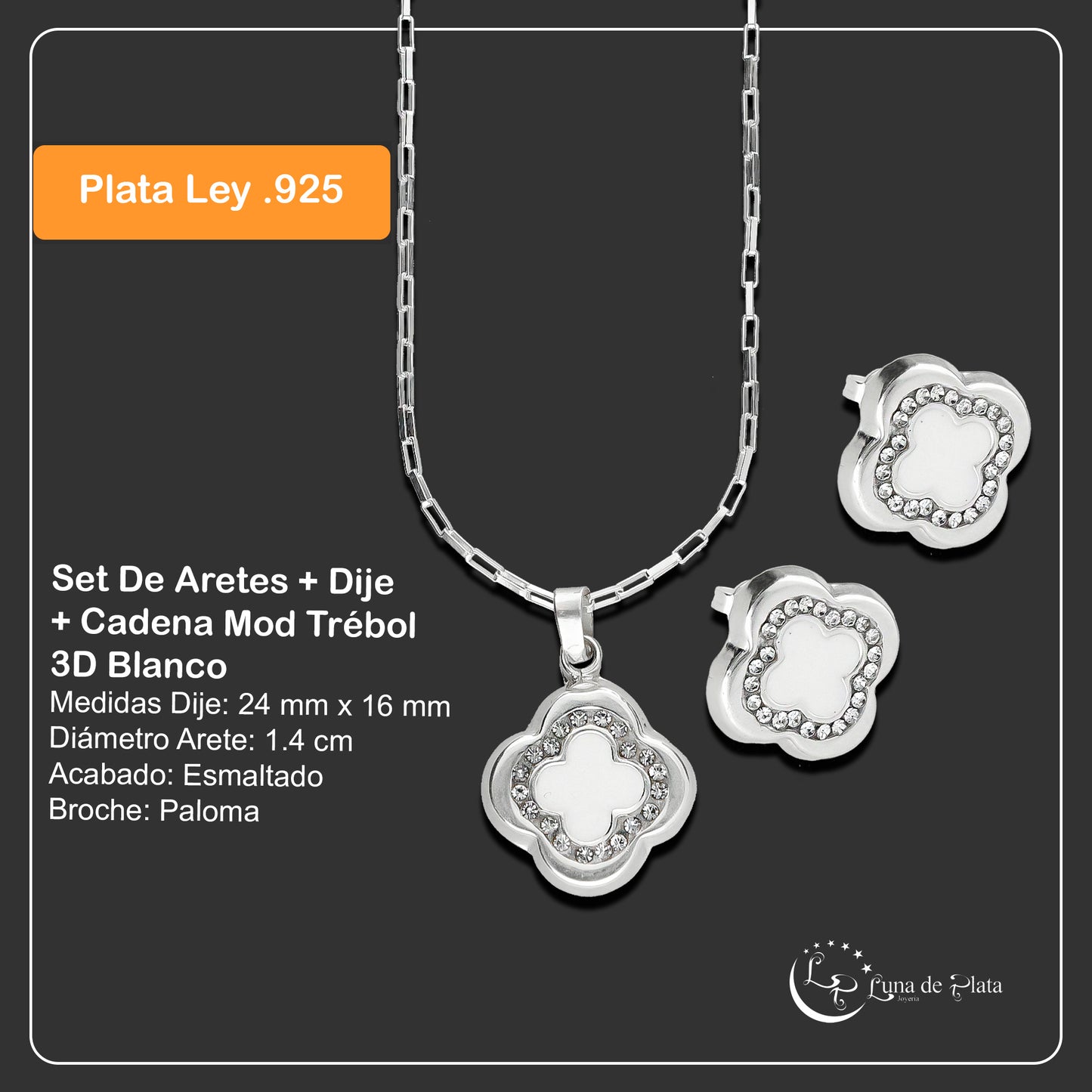 LPADJ030 Set De Aretes + Dije + Cadena Mod Trébol 3D Blanco Plata .925 Taxco