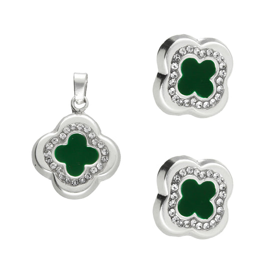 LPADJ031 Set De Aretes Y Dije Mod Trébol 3D Verde Plata .925 Taxco