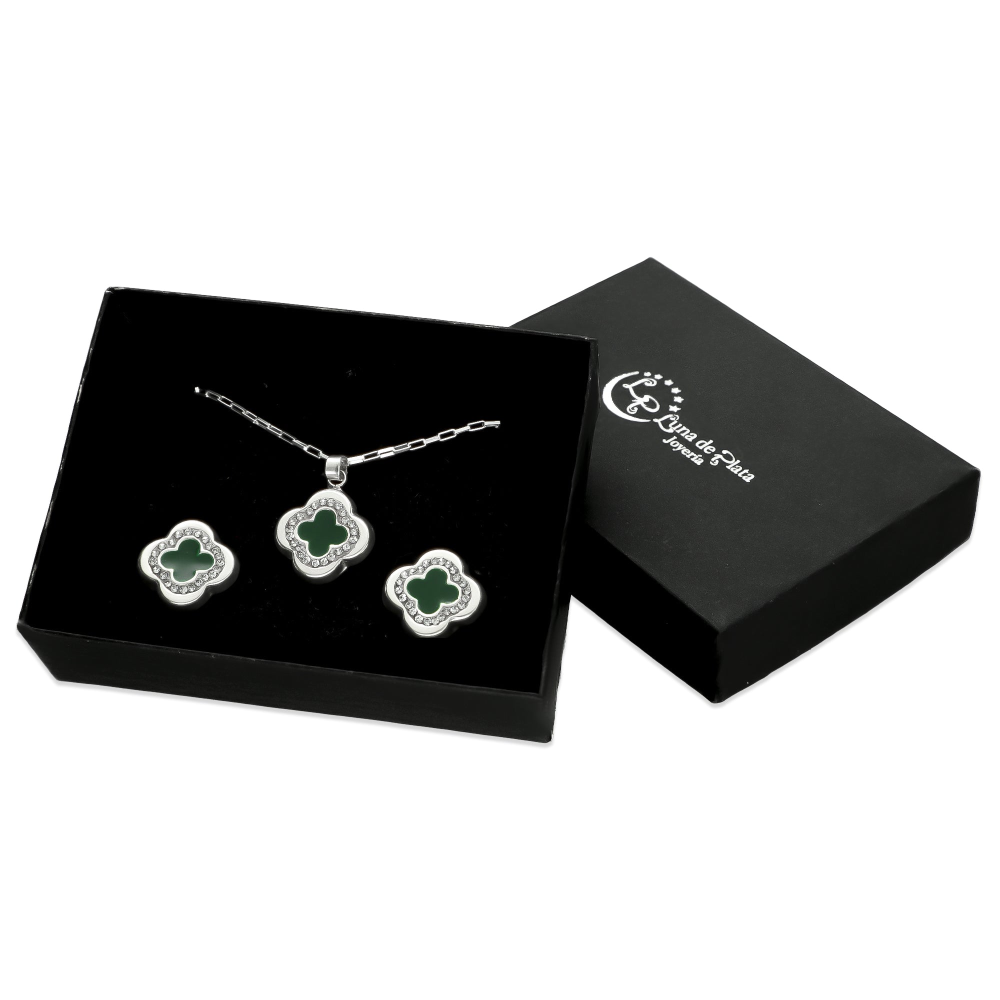 LPADJ032 Set De Aretes + Dije + Cadena Mod Trébol 3D Verde Plata .925 Taxco