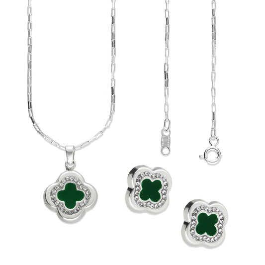 LPADJ032 Set De Aretes + Dije + Cadena Mod Trébol 3D Verde Plata .925 Taxco