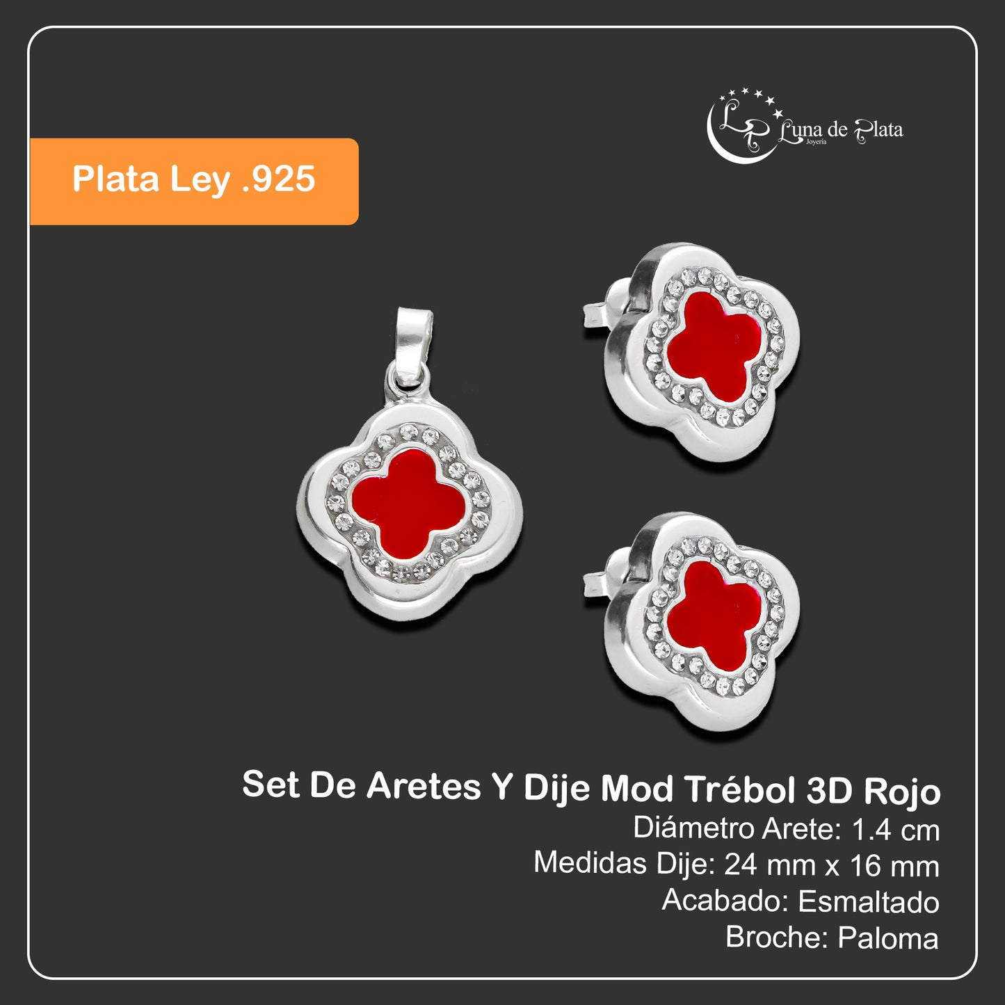 LPADJ033 Set De Aretes Y Dije Mod Trébol 3D Rojo Plata .925 Taxco