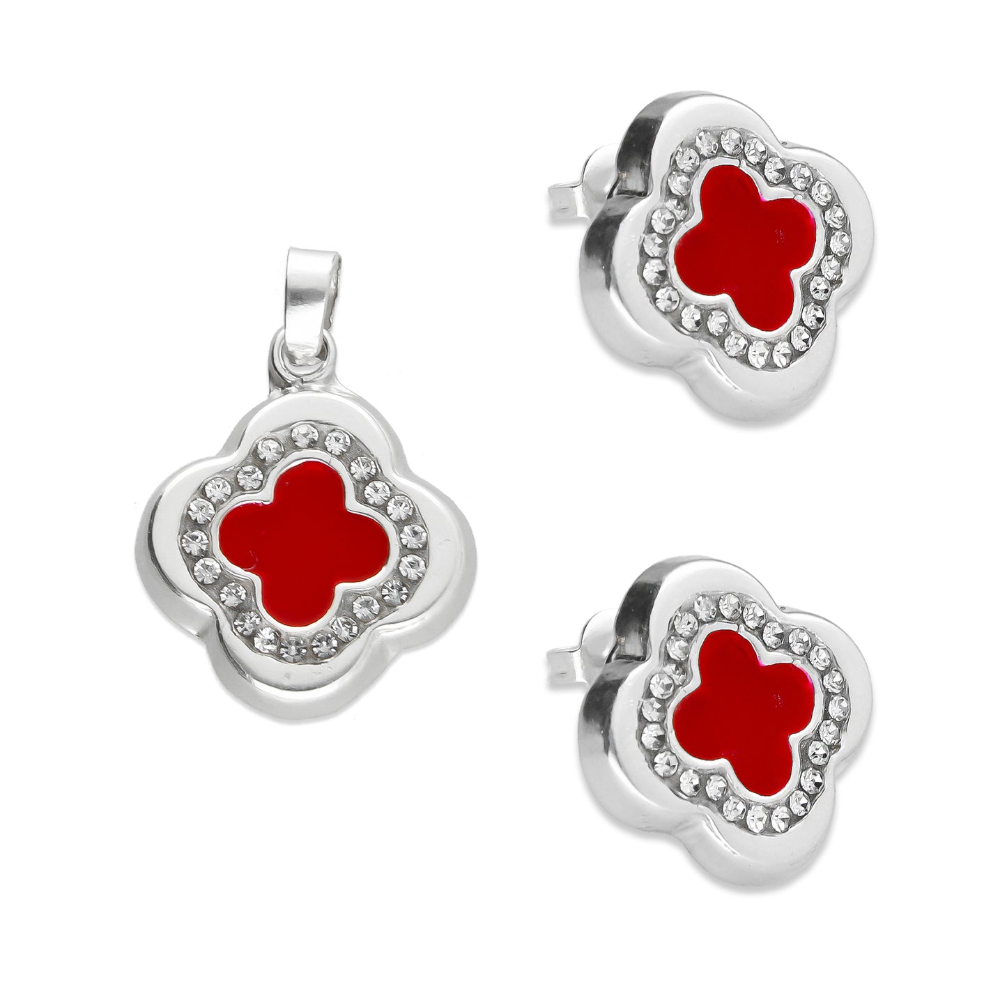 LPADJ033 Set De Aretes Y Dije Mod Trébol 3D Rojo Plata .925 Taxco