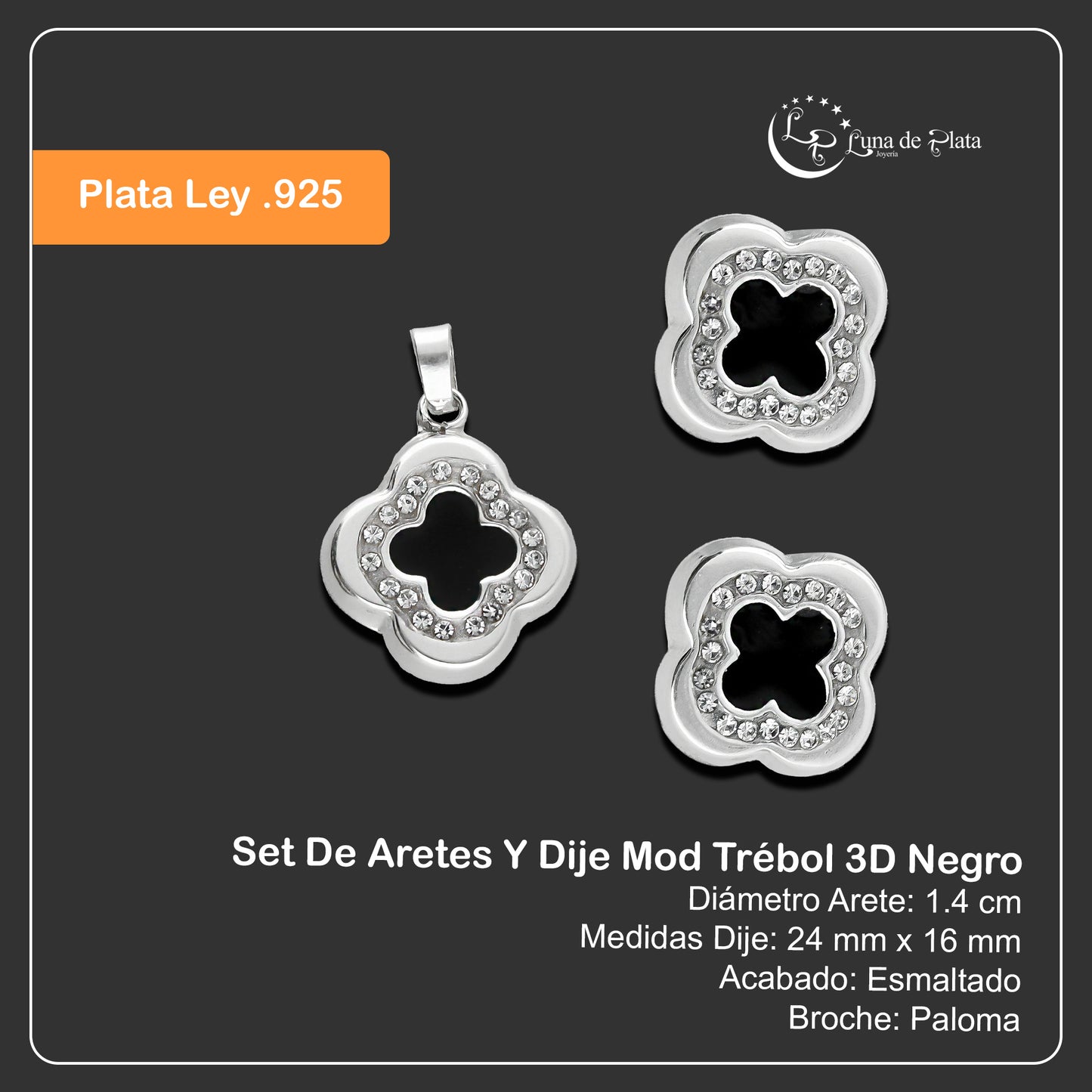 LPADJ035 Set De Aretes Y Dije Mod Trébol 3D Negro Plata .925 Taxco