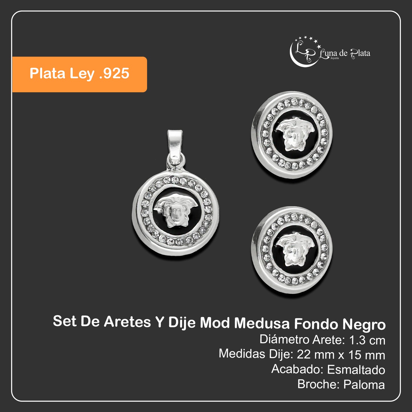 LPADJ037 Set De Aretes Y Dije Mod Medusa Fondo Negro Plata .925 Taxco