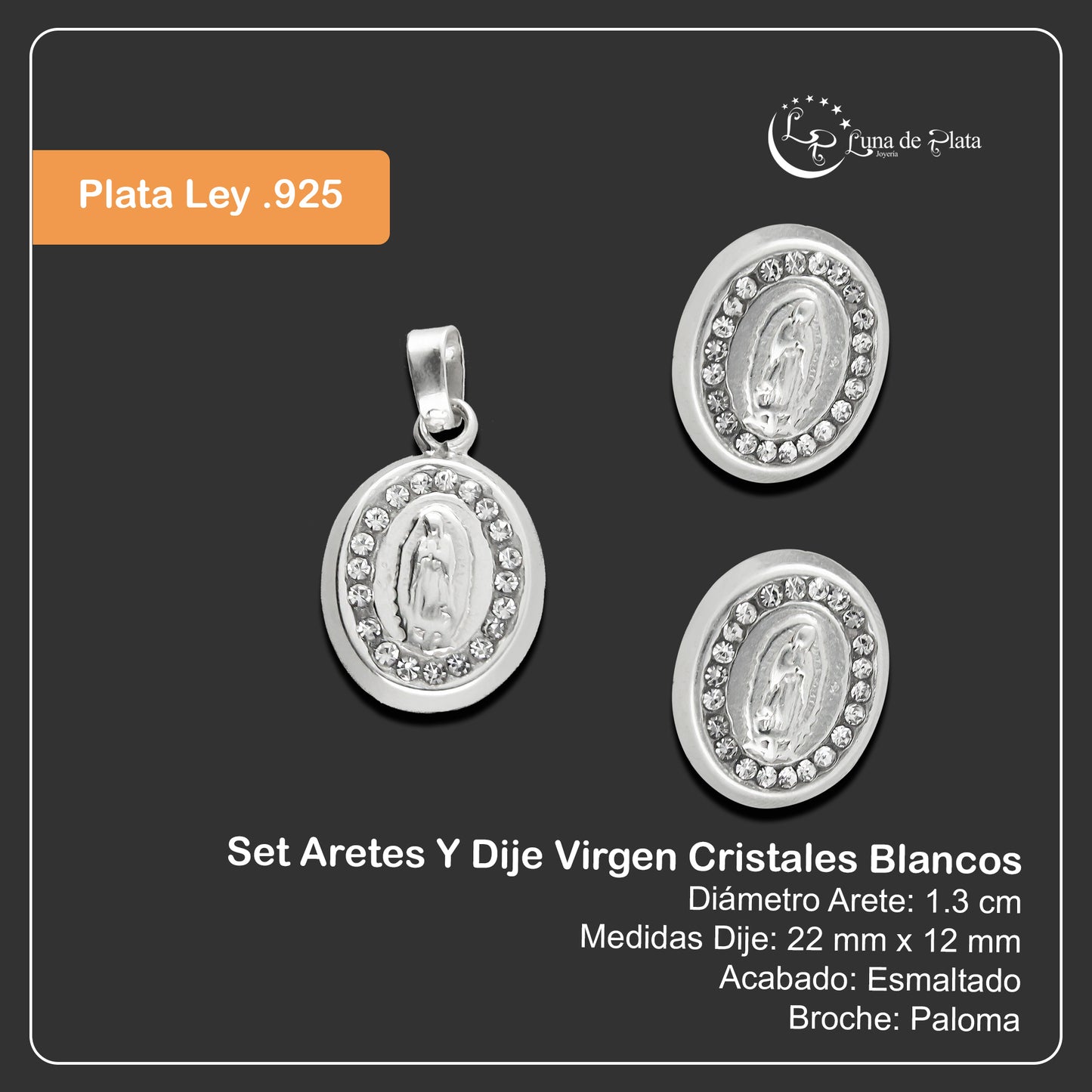 LPADJ043 Set Aretes Y Dije Virgen Cristales Blancos en Plata Ley .925 2085805337