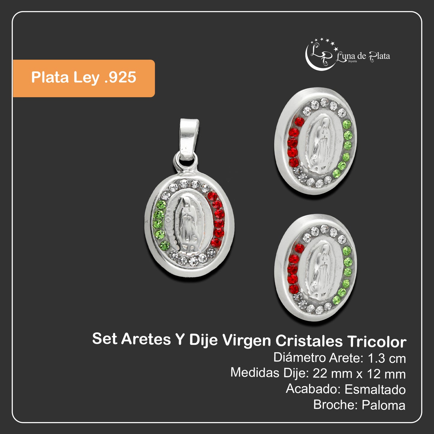 LPADJ045 Set Aretes Y Dije Virgen Cristales Tricolor en Plata Ley .925 2085847325