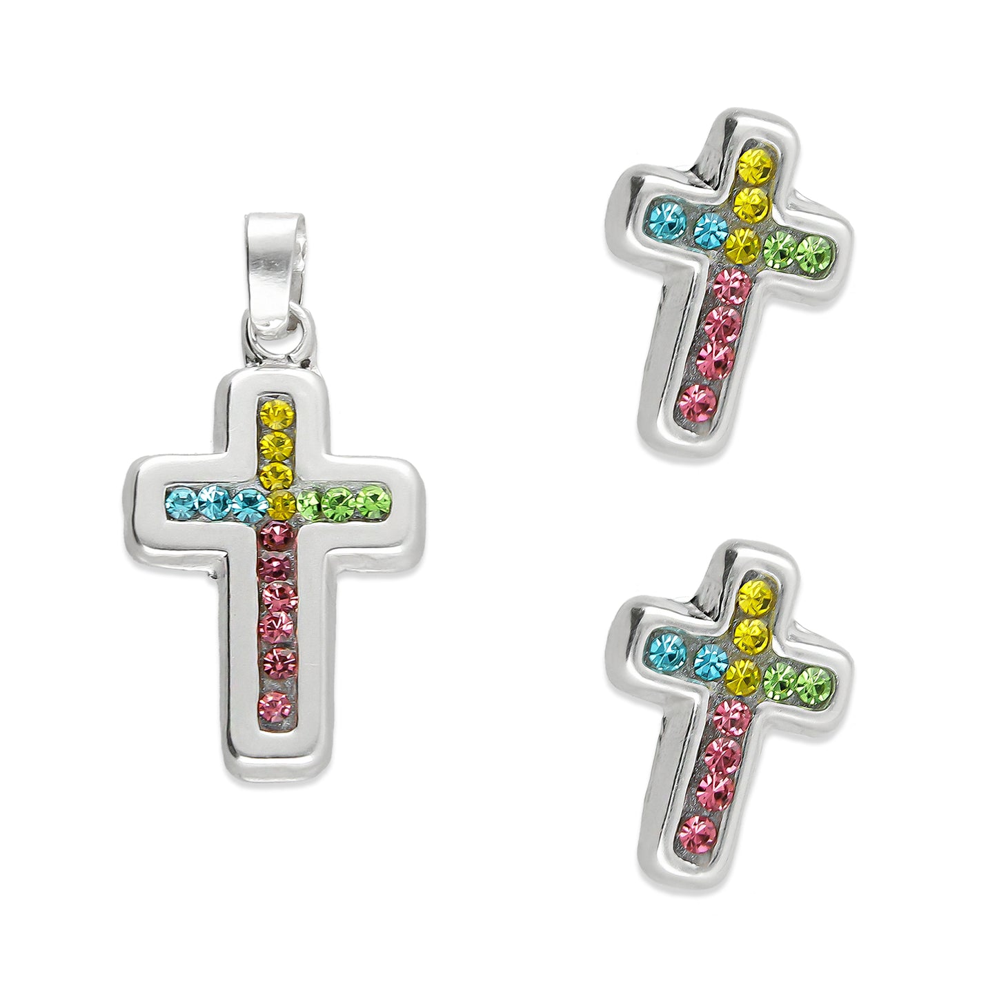 LPADJ053 Set Aretes Y Dije Cruz Cristales Multicolor en Plata Ley .925 3160106988