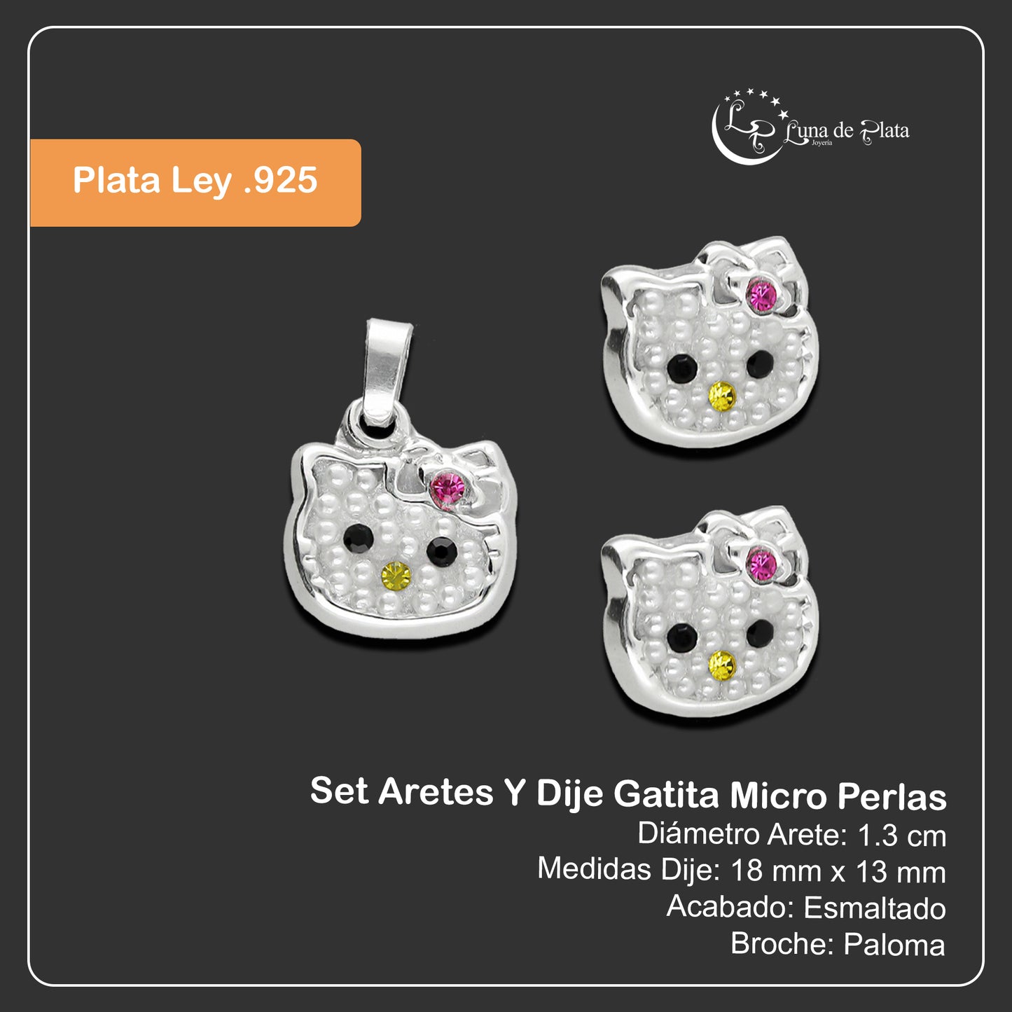 LPADJ057 Set Aretes Y Dije Gatita Micro Perlas en Plata Ley .925 3160212646