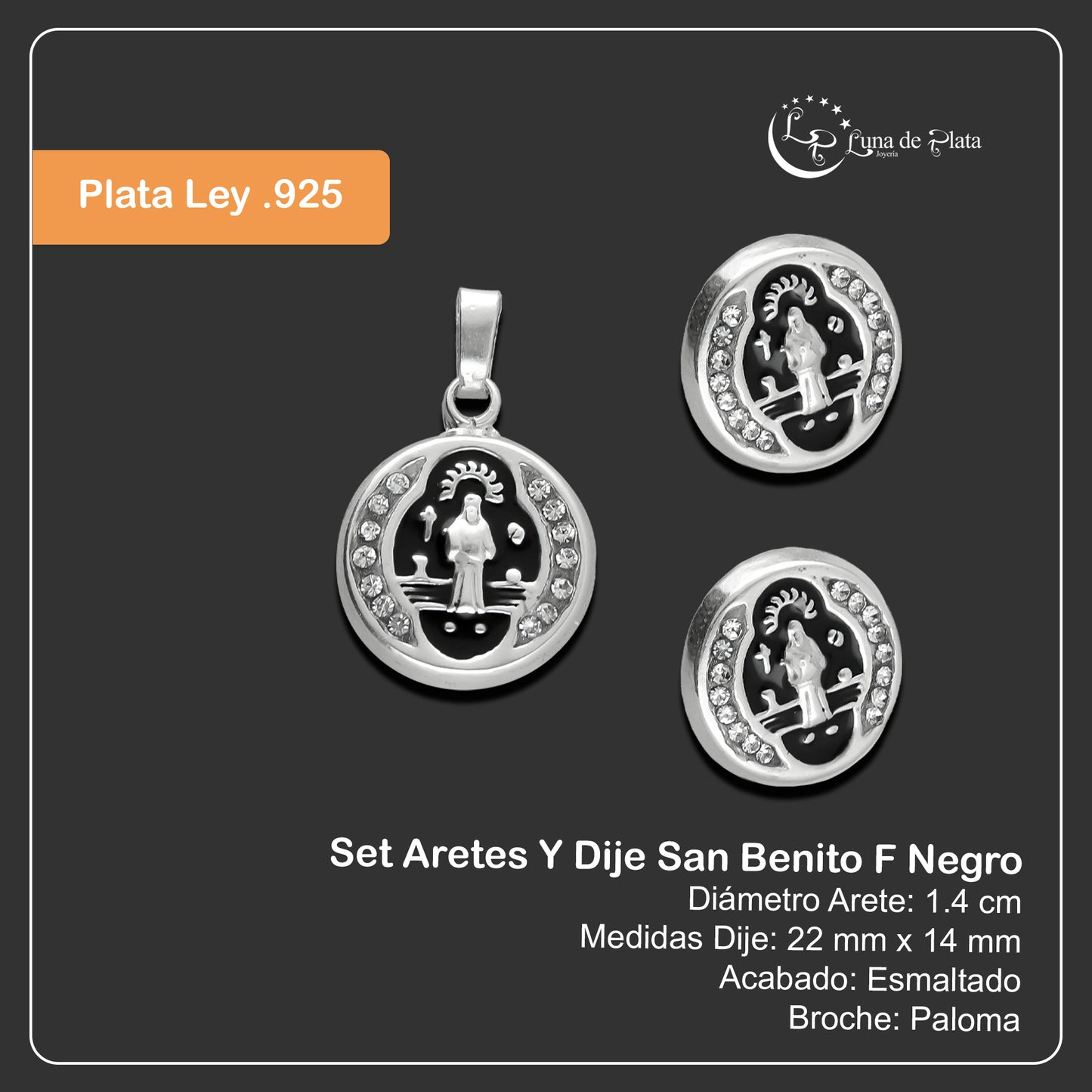 LPADJ061 Set Aretes Y Dije San Benito F Negro en Plata Ley .925 2086248867