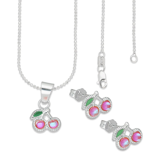 LPADJ065 Set Aretes + Dije + Cadena Cereza Rosa Iris Diámetro 1.6 cm en Plata Ley .925