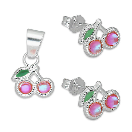 LPADJ066 Set de Aretes y Dije Cereza Rosa Iris Diámetro 1.6 cm en Plata Ley .925