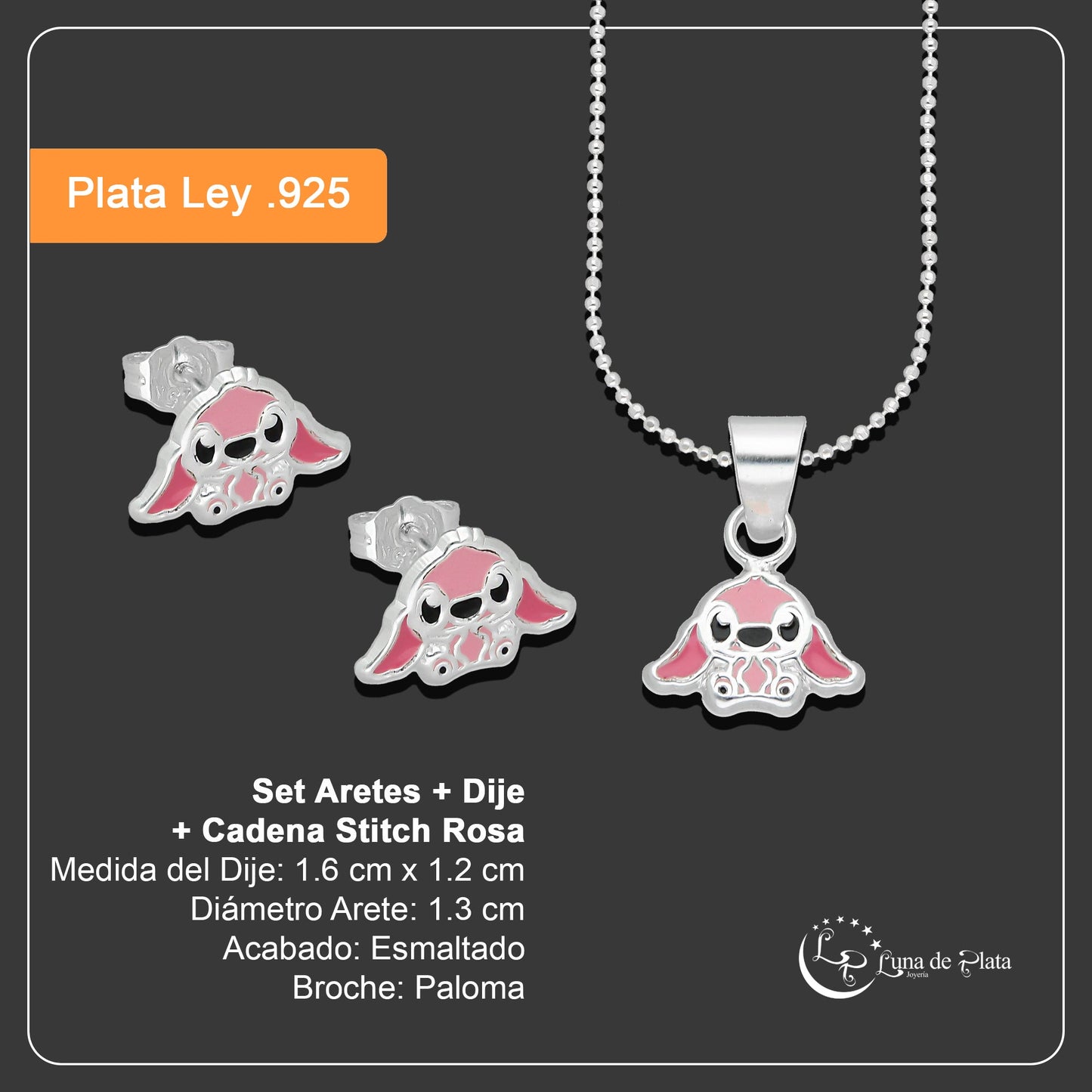 LPADJ071 Set Aretes + Dije + Cadena Stitch Rosa Diámetro 1.6 cm en Plata Ley .925