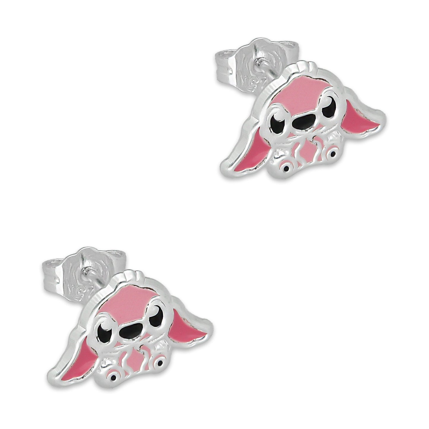 LPADJ072 Set de Aretes y Dije Stitch Rosa Diámetro 1.6 cm en Plata Ley .925