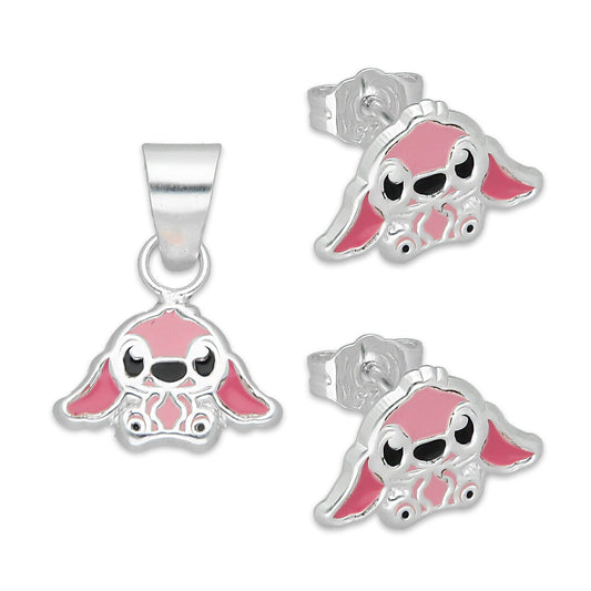 LPADJ072 Set de Aretes y Dije Stitch Rosa Diámetro 1.6 cm en Plata Ley .925