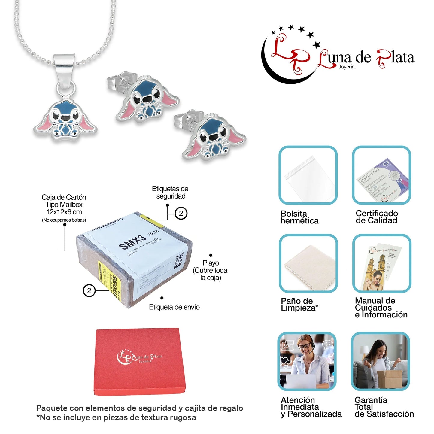 LPADJ073 Set Aretes + Dije + Cadena Stitch Azul Diámetro 1.6 cm en Plata Ley .925
