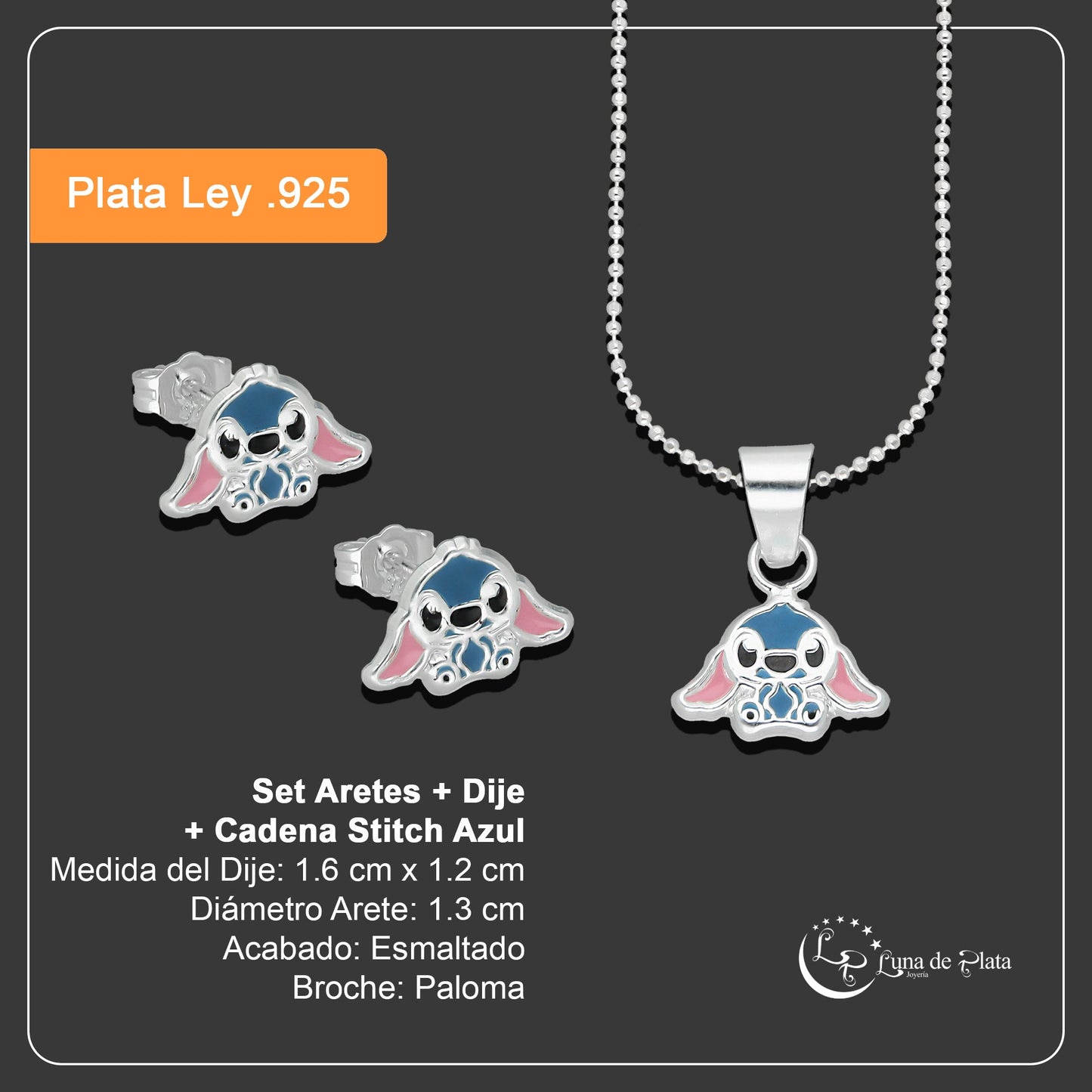 LPADJ073 Set Aretes + Dije + Cadena Stitch Azul Diámetro 1.6 cm en Plata Ley .925